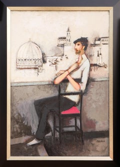 "Man Sitting Wearing White Overlooking Rome" Modern Abstract Portrait Painting 