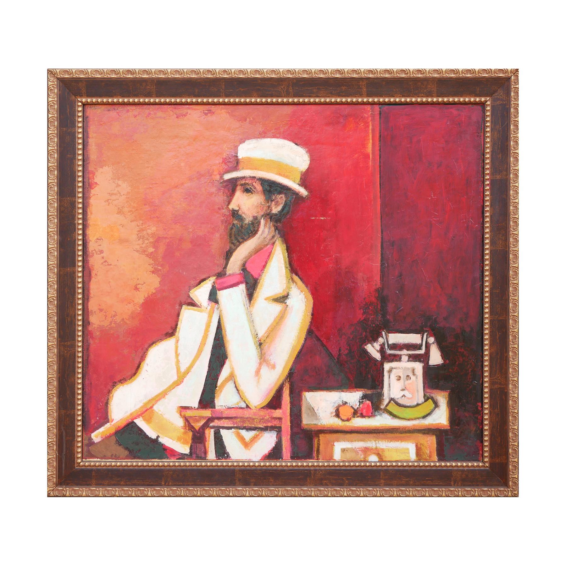 Modern abstract figurative portrait painting by Houston, TX artist David Adickes. The work features a man wearing a white coat and hat seated next to a telephone set against a red background. Currently hung in a brown and gold frame. 

Dimensions