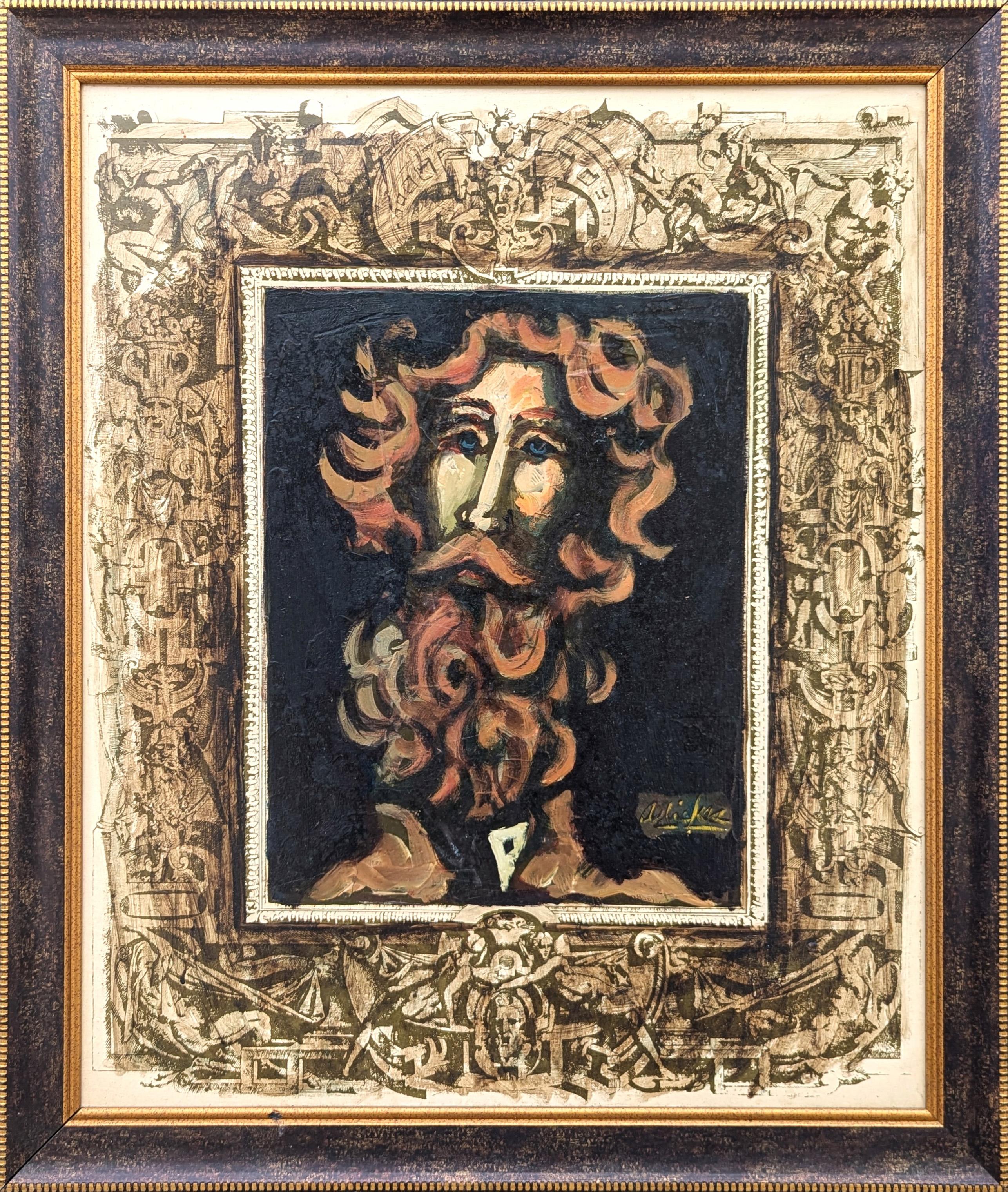 Portrait Painting de David Adickes - "Hombre con barba y ojos azules, marrón" Retrato moderno de inspiración cubista