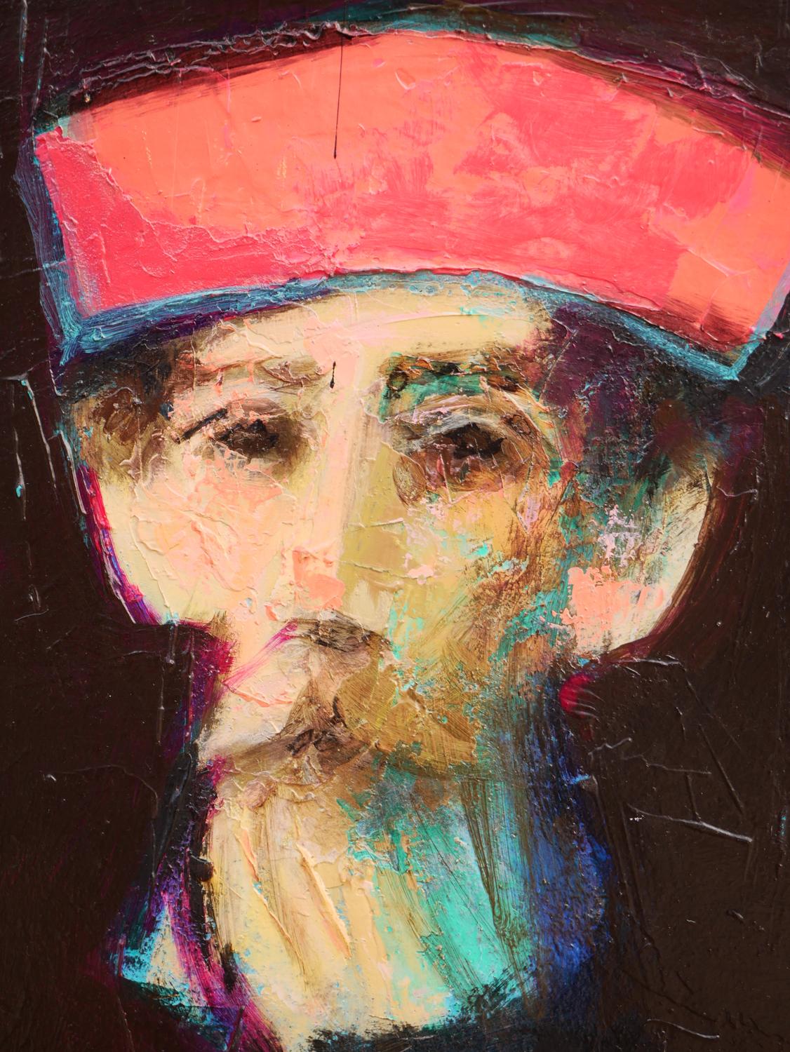 „Man mit rotem Hut und hellgrünen Streifenhemd“ Modernes abstraktes Porträtgemälde  im Angebot 9