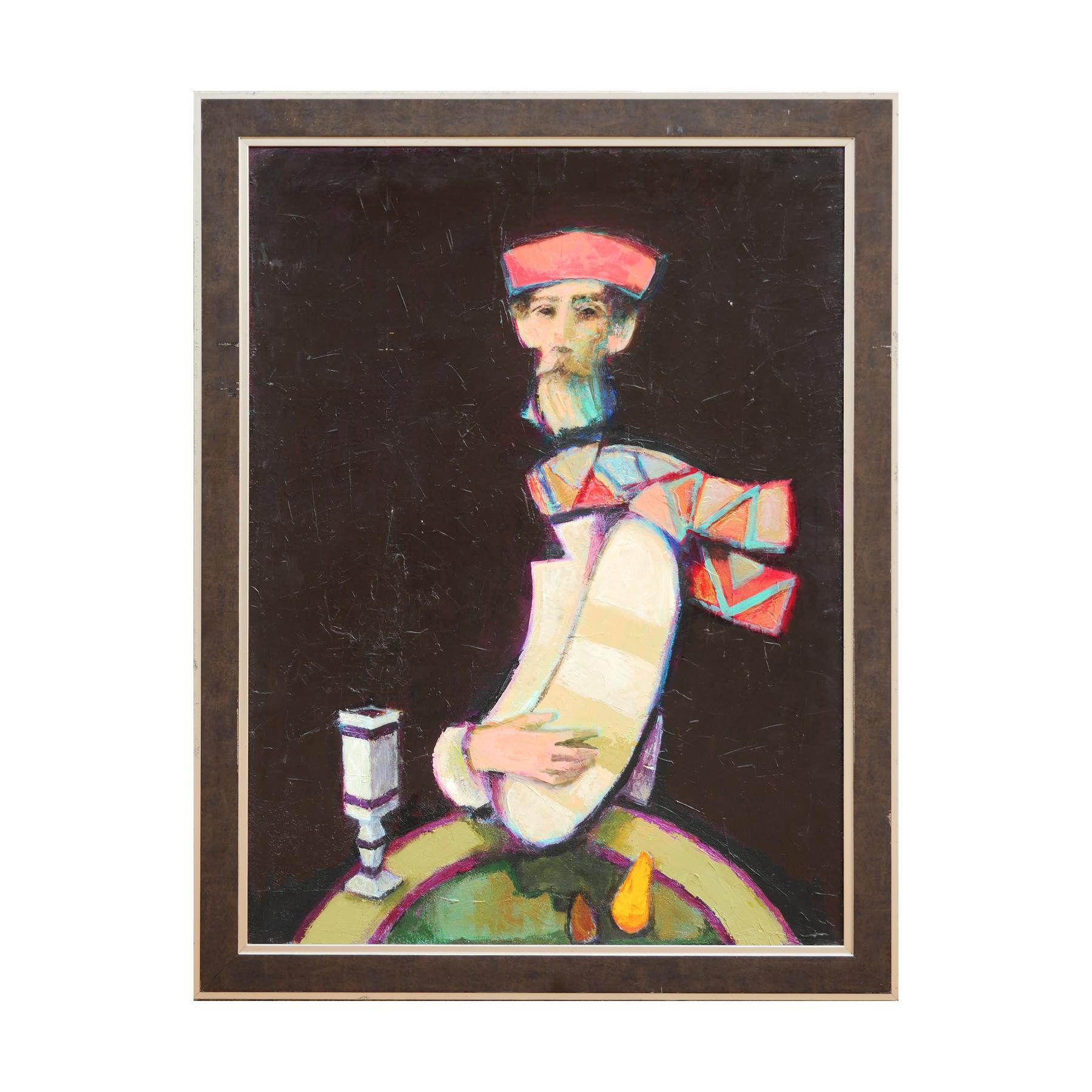 „Man mit rotem Hut und hellgrünen Streifenhemd“ Modernes abstraktes Porträtgemälde  – Painting von David Adickes