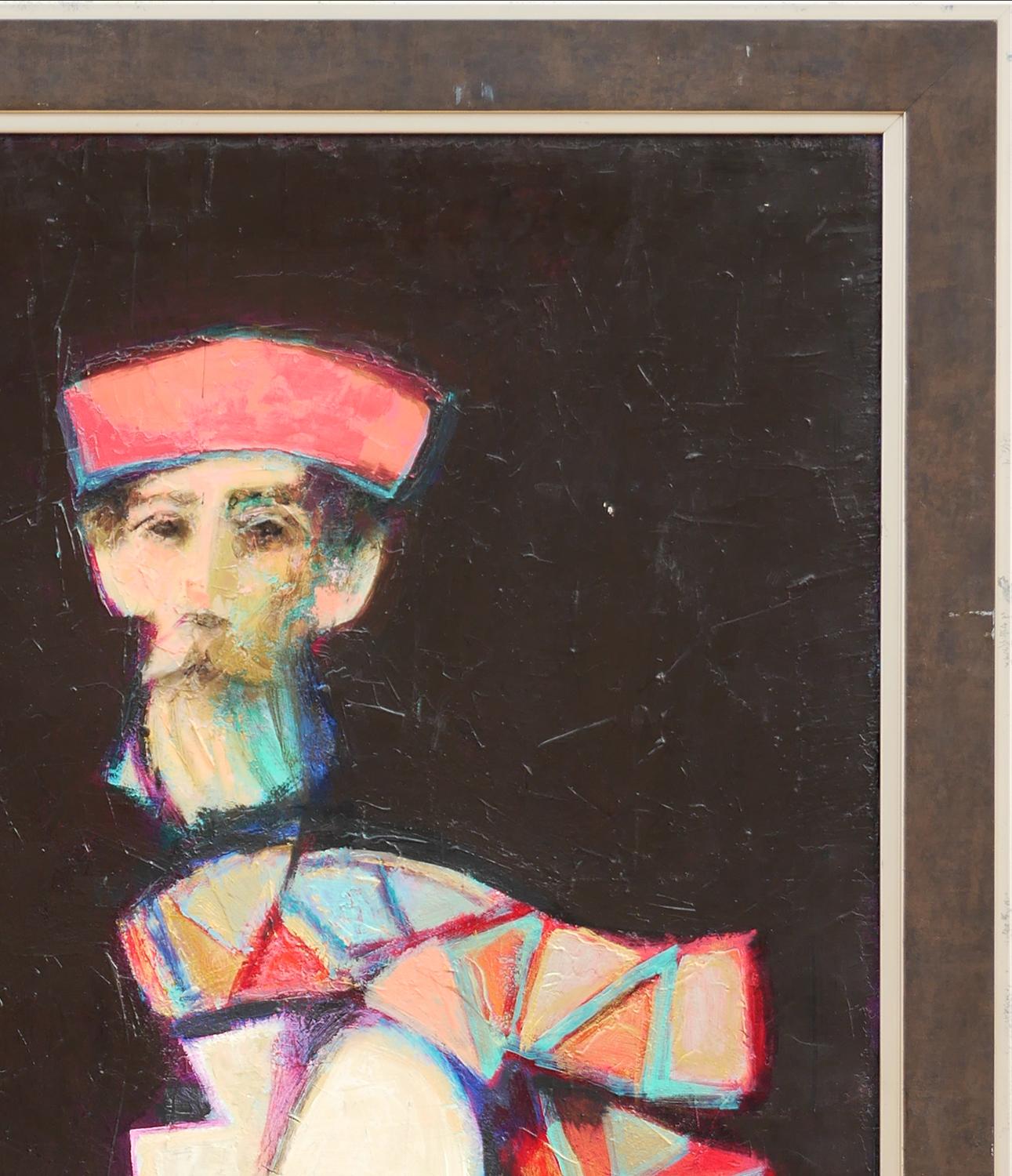 „Man mit rotem Hut und hellgrünen Streifenhemd“ Modernes abstraktes Porträtgemälde  im Angebot 1