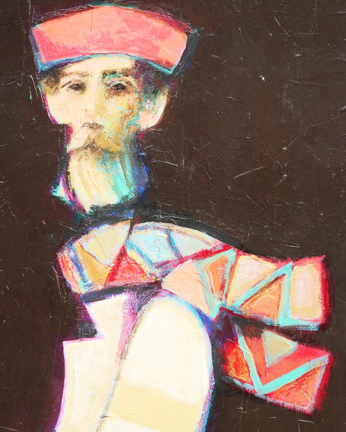 „Man mit rotem Hut und hellgrünen Streifenhemd“ Modernes abstraktes Porträtgemälde  im Angebot 5