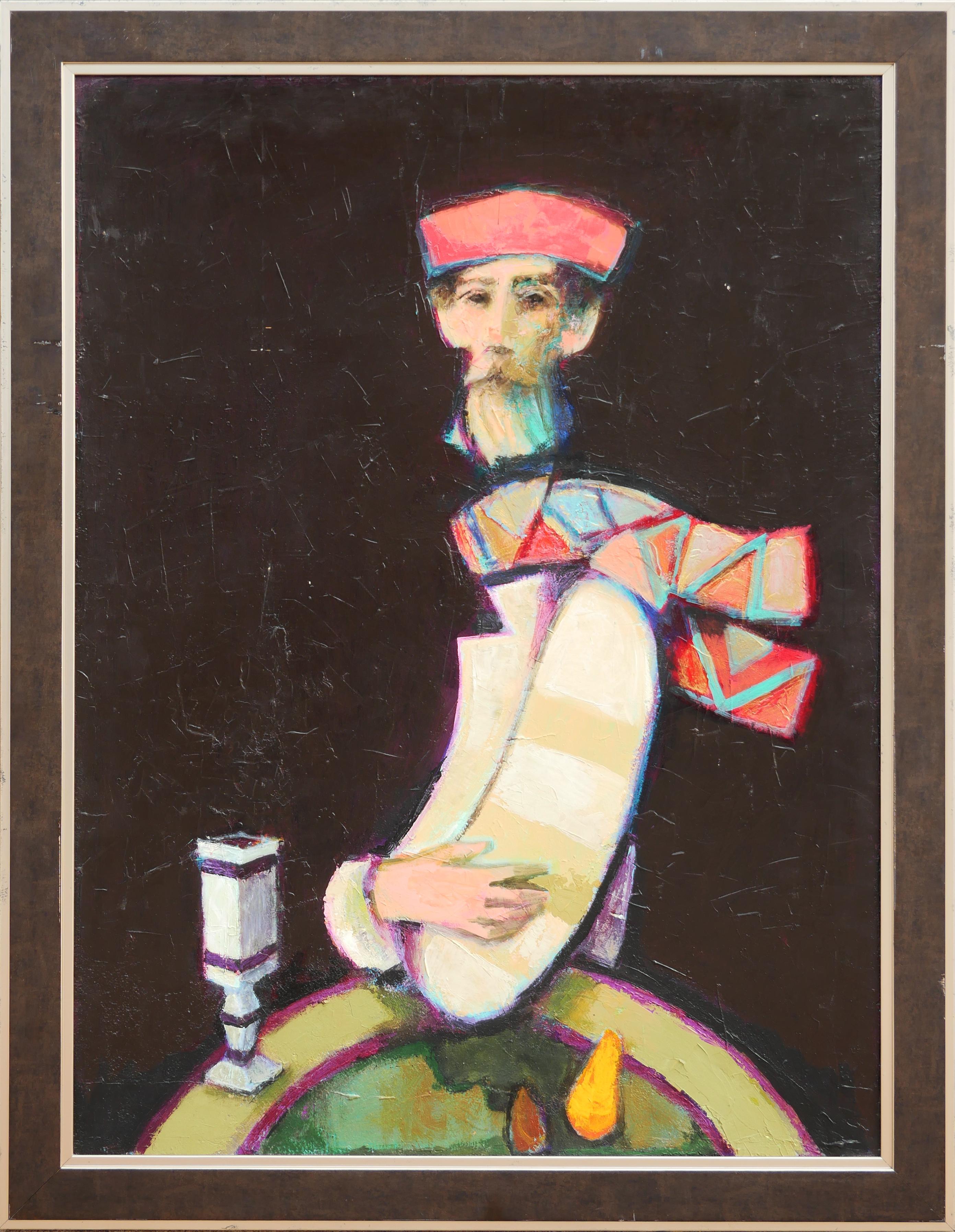 David Adickes Portrait Painting – „Man mit rotem Hut und hellgrünen Streifenhemd“ Modernes abstraktes Porträtgemälde 