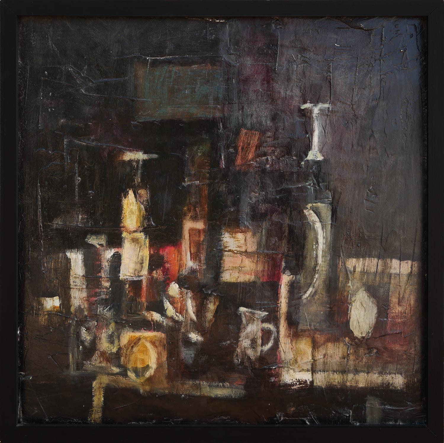 David Adickes Still-Life Painting - Modern Abstract Black & Yellow Still Life Painting of an Arrangement of Bottles 