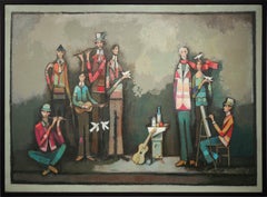 Modern Abstract Colorful Eight Figure Group Portrait Painting of Musicians