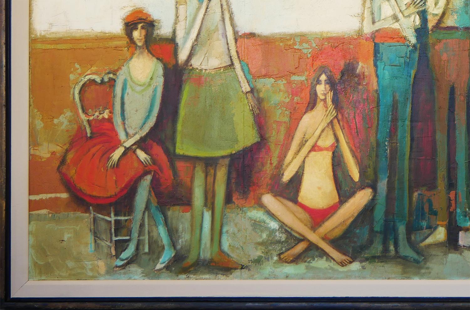 Modern abstract figurative portrait painting by Houston, TX artist David Adickes. The work features a grouping of six standing and sitting figures wearing colorful clothes posing next to an easel set against a neutral toned background. Signed by the