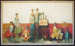 Modernes abstraktes, farbenfrohes, figurales Porträtgemälde einer Künstlergruppe mit sechs Figuren