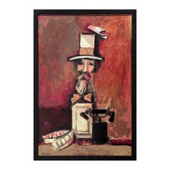 Modern Abstract Painting of a Bearded Man Sculpture with a Bird, Phone, & Boats