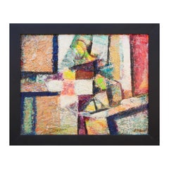 Peinture abstraite moderne aux tons rouge, orange et jaune d'inspiration cubiste