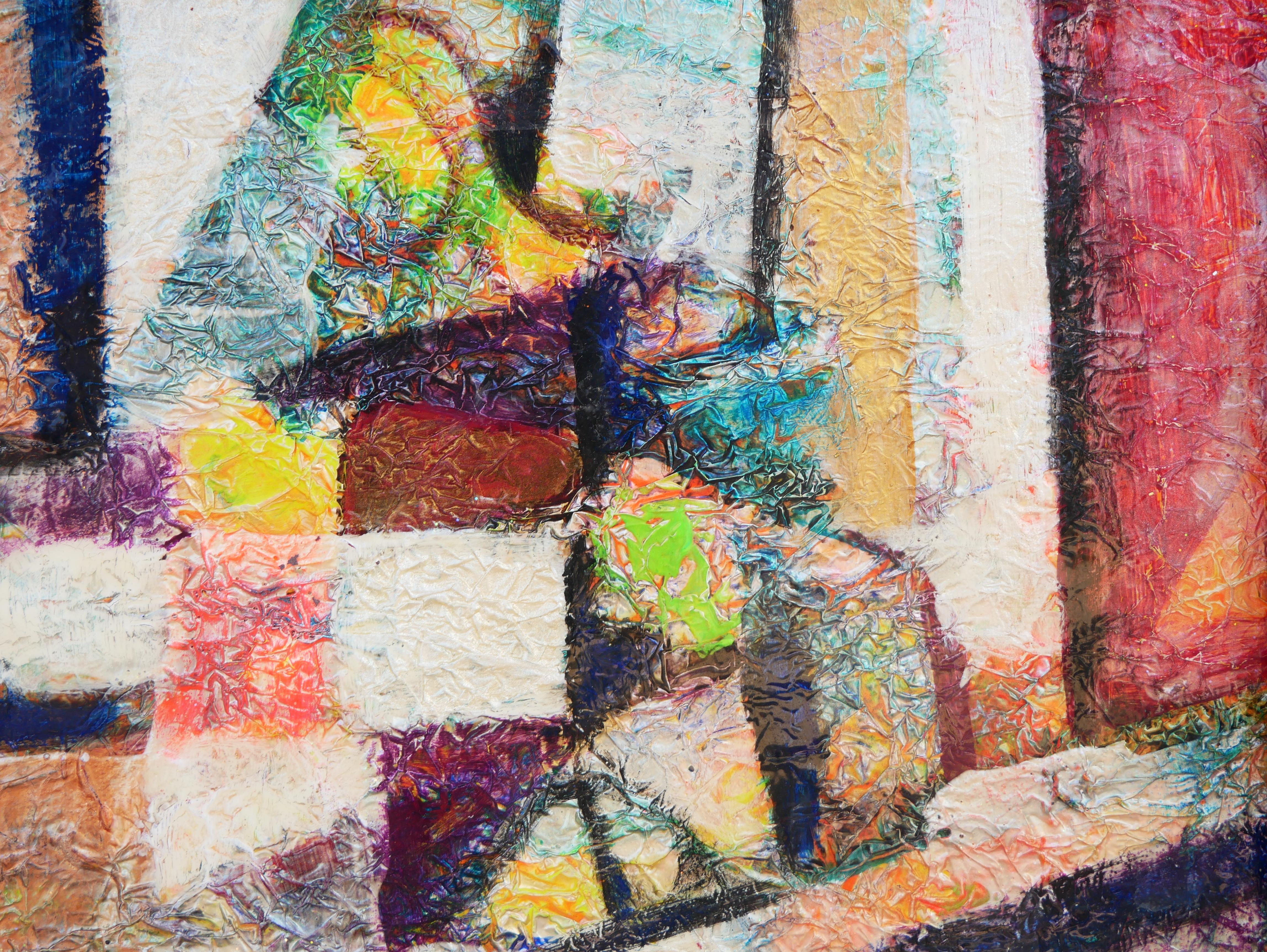 Peinture abstraite moderne réalisée par l'artiste David Adickes, de Houston, au Texas. L'œuvre présente une composition abstraite d'inspiration cubiste aux tons rouge, orange et jaune. Signé par l'artiste dans le coin inférieur gauche. Actuellement