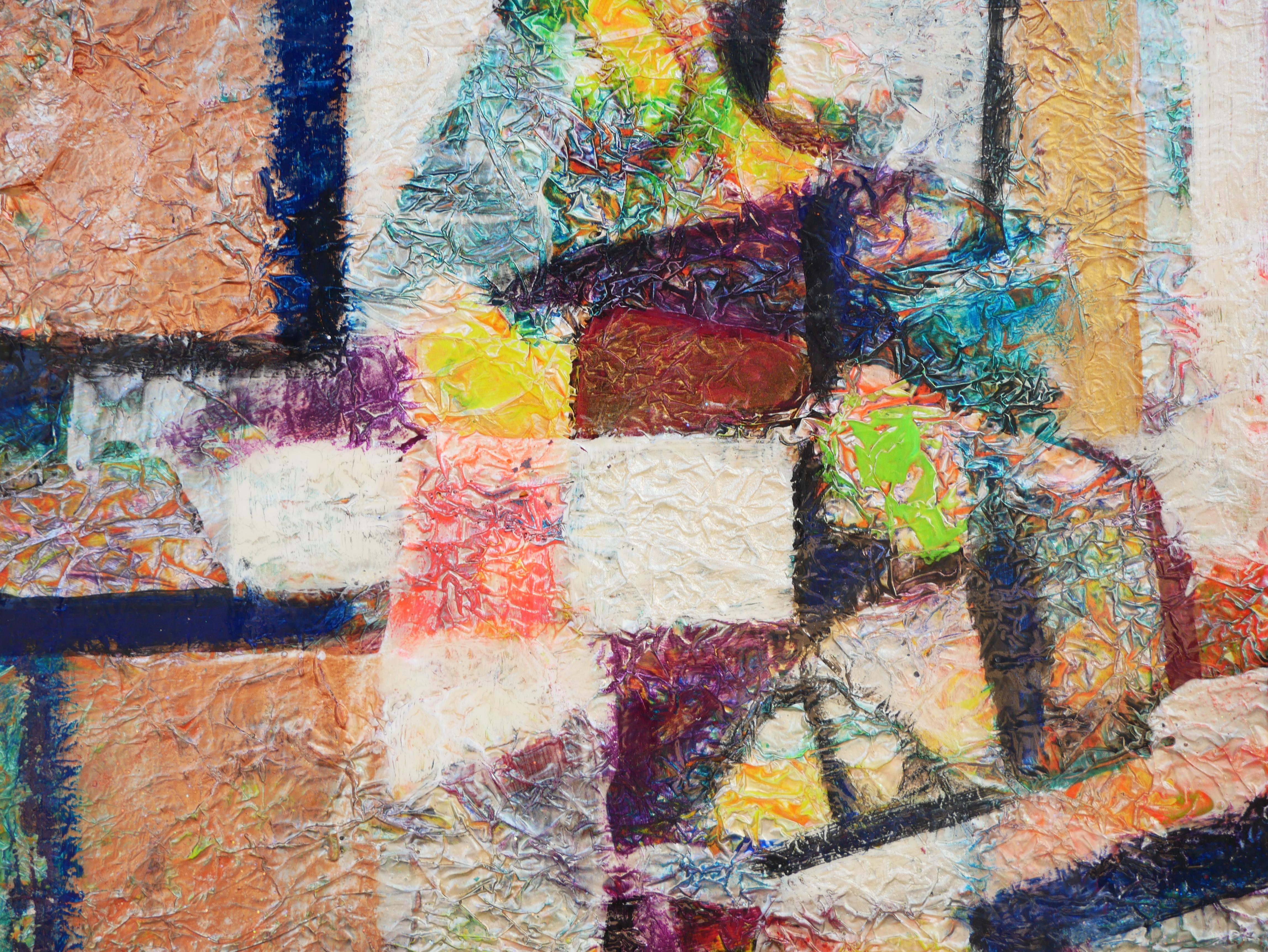 Peinture abstraite moderne aux tons rouge, orange et jaune d'inspiration cubiste en vente 1