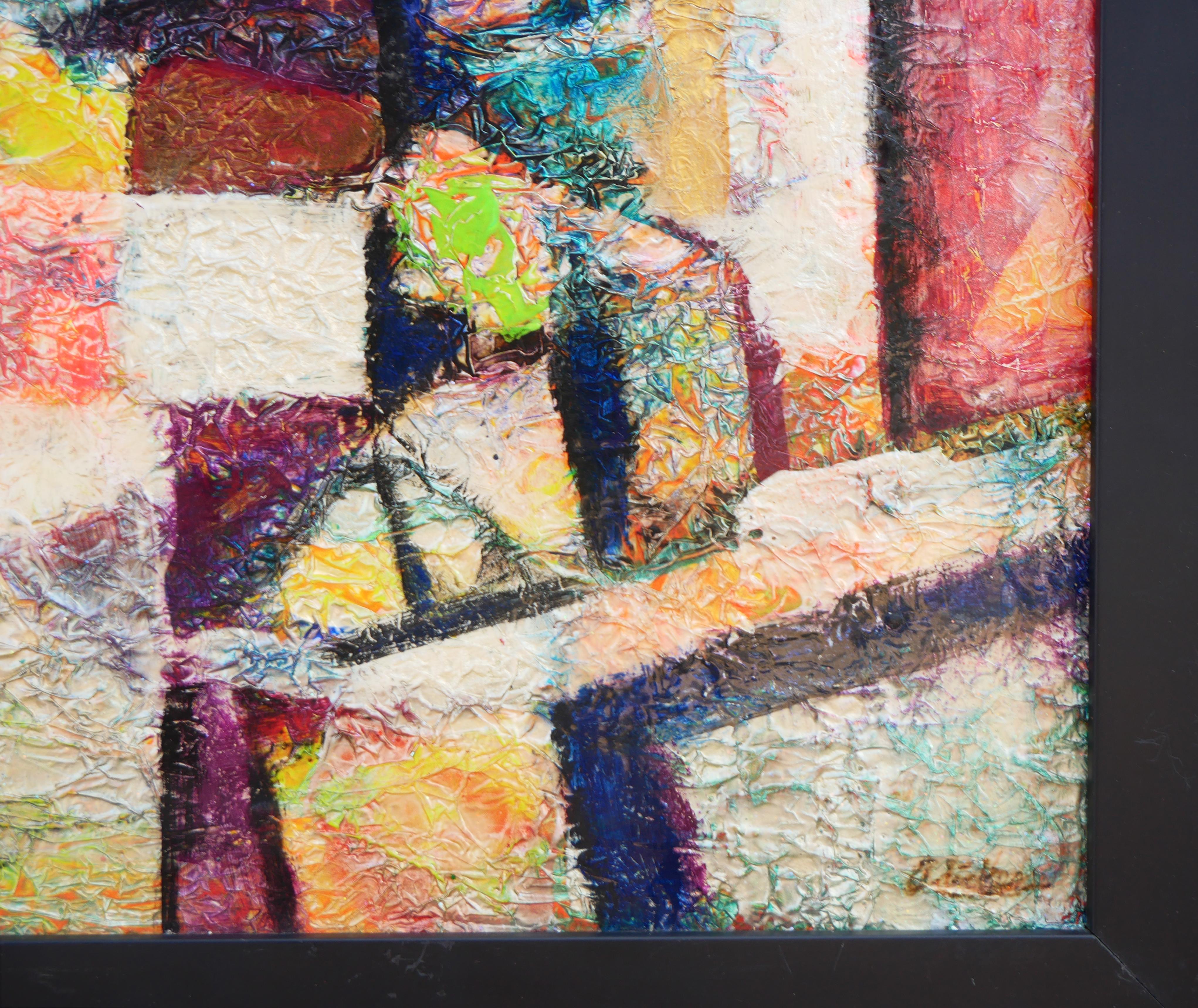Peinture abstraite moderne aux tons rouge, orange et jaune d'inspiration cubiste en vente 2