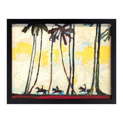 Modern Abstract Tropical Yellow Toned Landscape Painting of Three Horse Riders