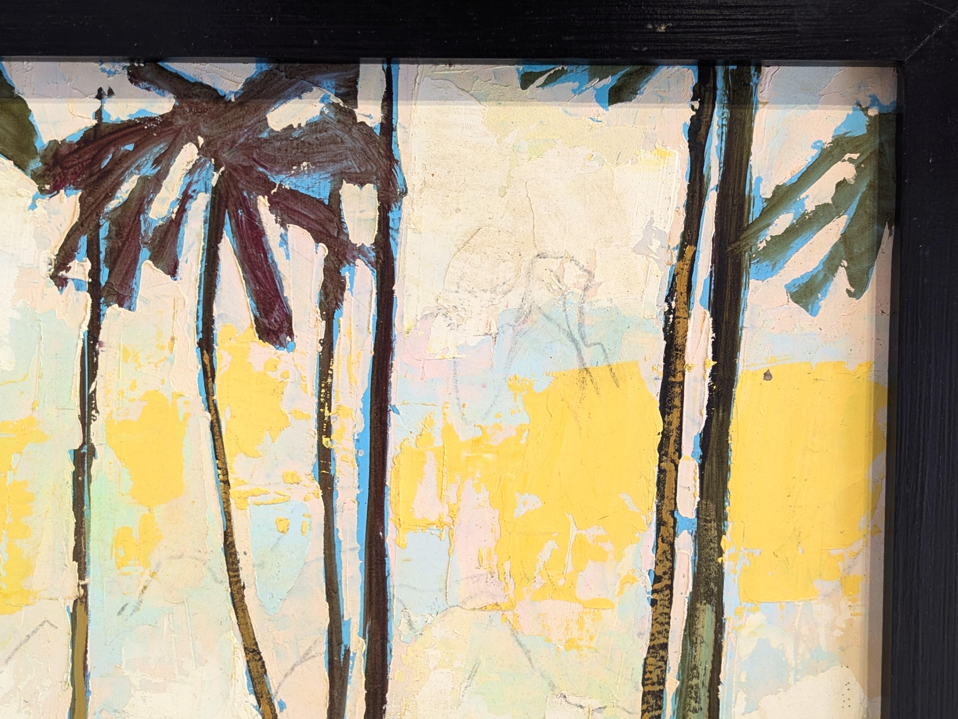 Quadro astratto moderno di paesaggio tropicale a toni gialli con tre cavalieri - Landscape Painting Bianco di David Adickes