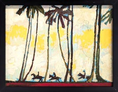 Peinture moderne abstraite de paysage tropical jaune de trois chevaux