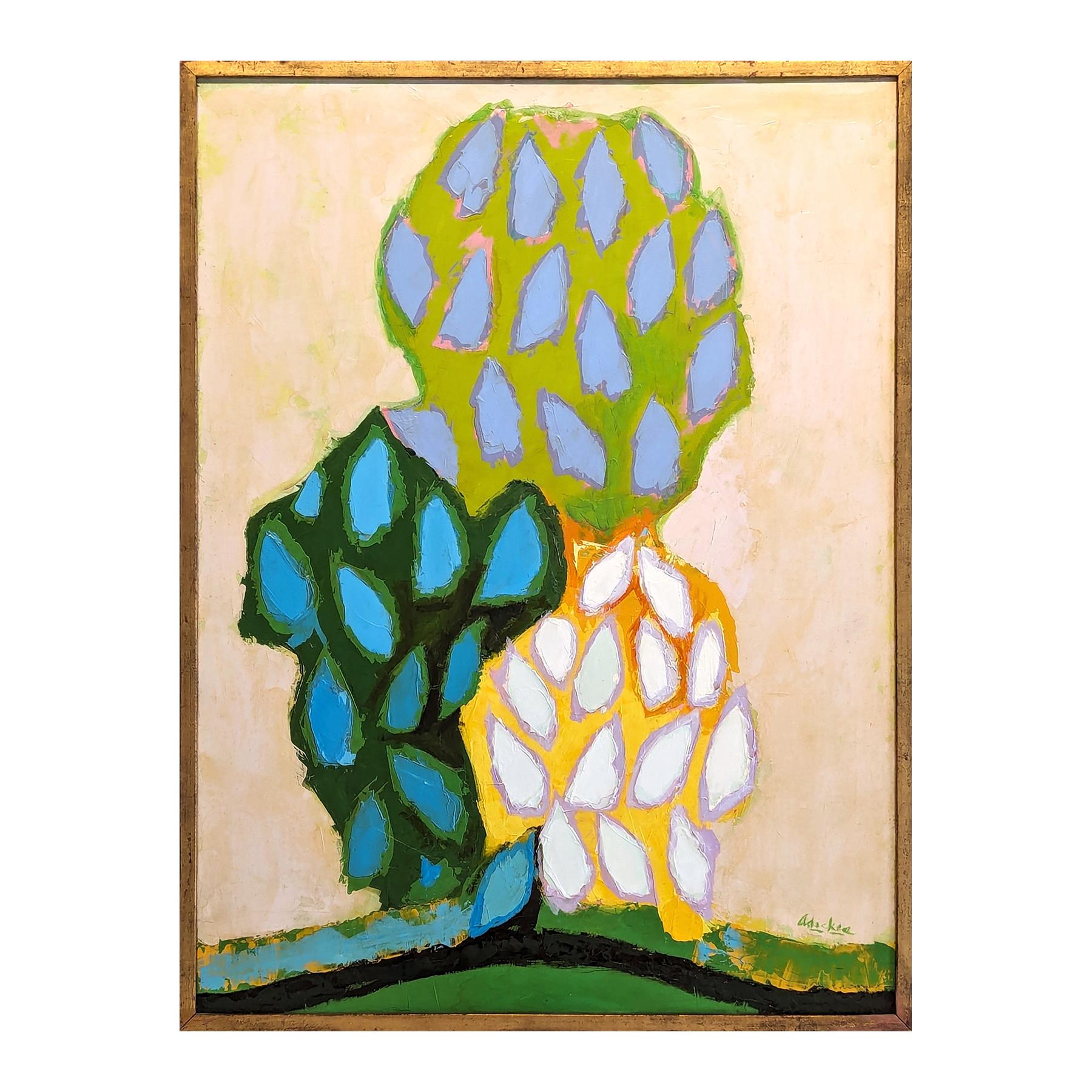 Quadro di paesaggio moderno blu, verde e verde acqua astratto con ciuffo di alberi - Painting di David Adickes