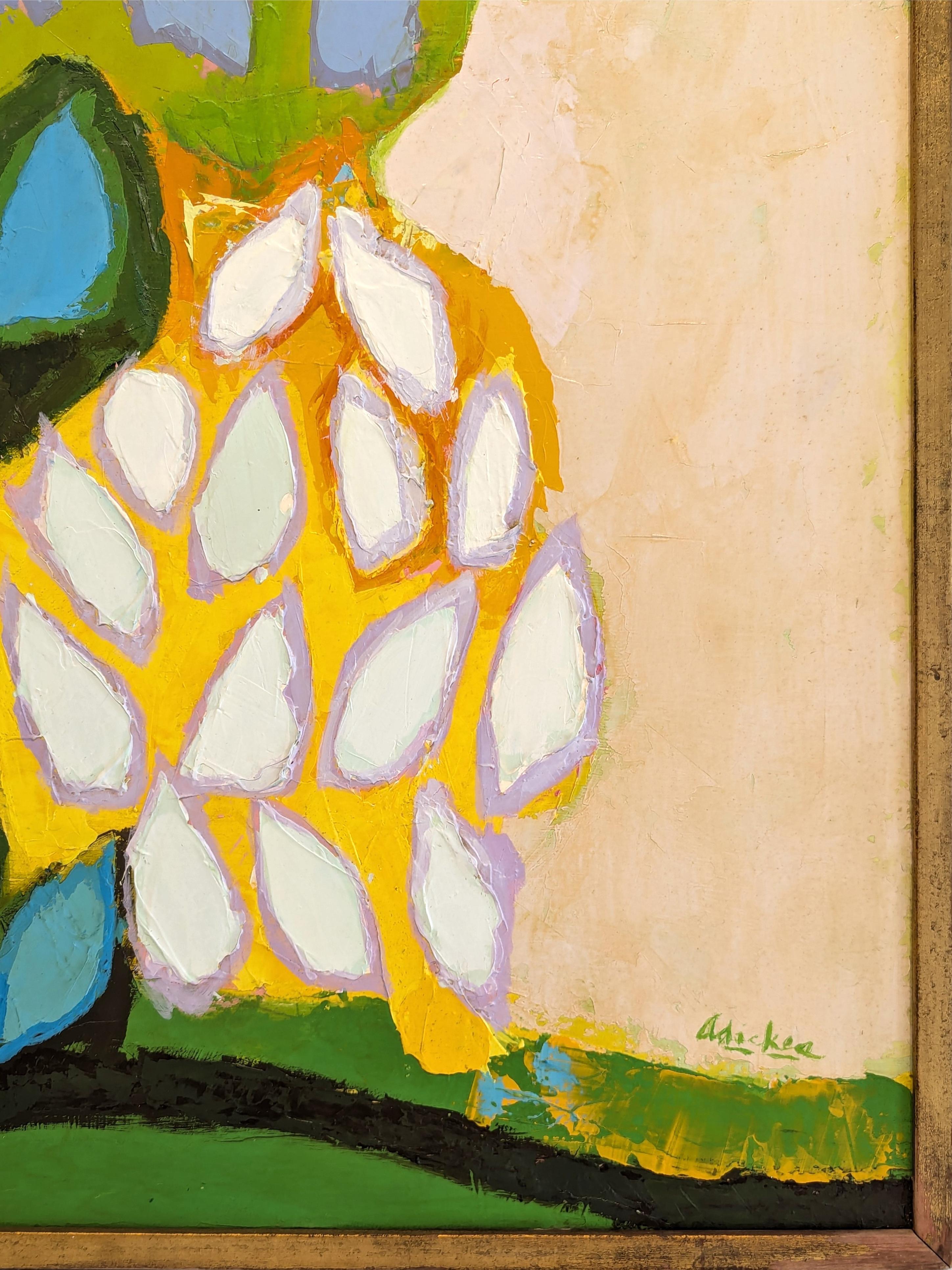 Paesaggio astratto moderno dipinto dall'iconico artista di Houston David Adickes. L'opera presenta un gruppo di alberi blu, verdi e gialli su uno sfondo marrone chiaro. Firmato nell'angolo anteriore in basso a destra. Attualmente è appeso in una