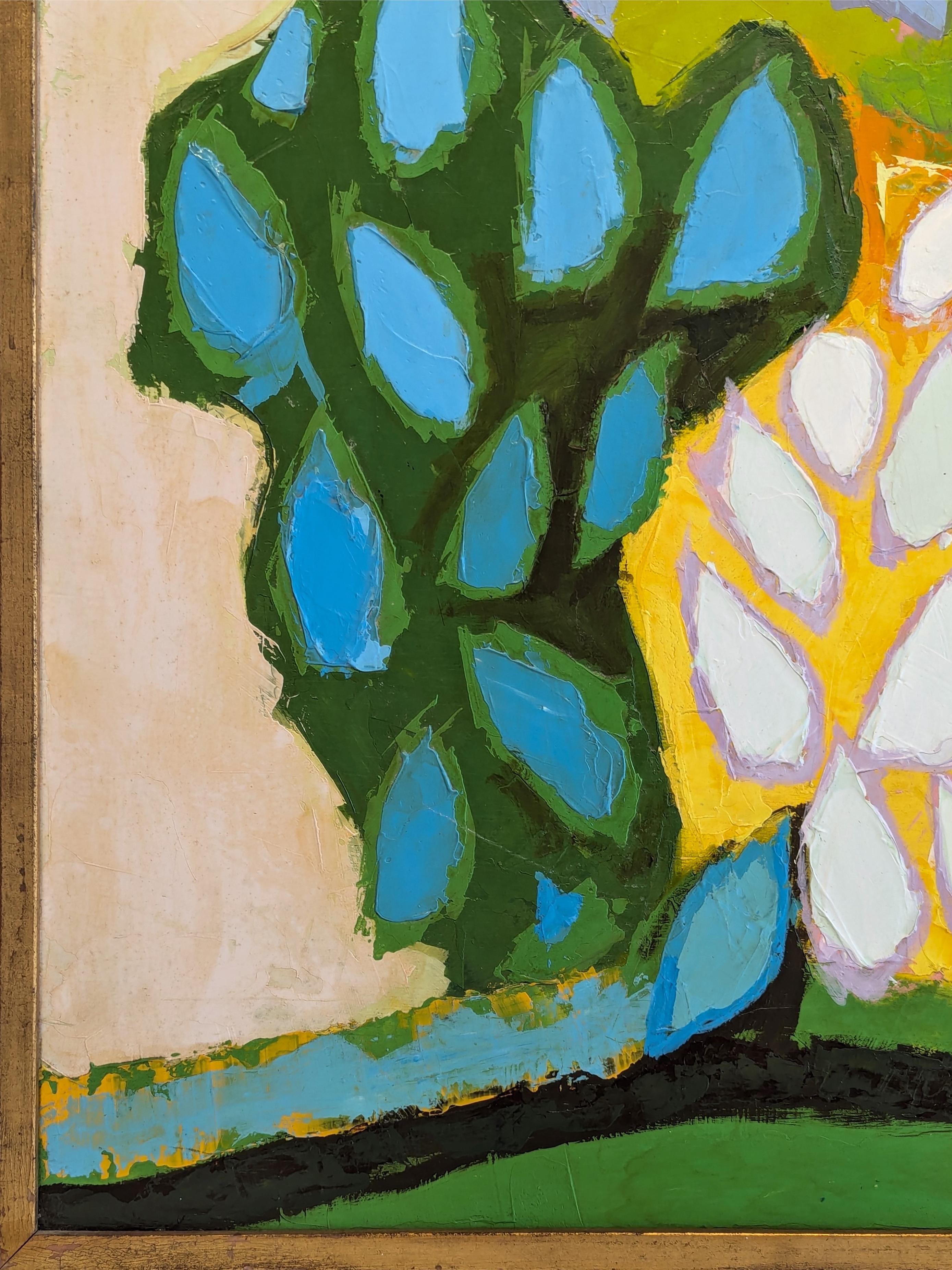 Quadro di paesaggio moderno blu, verde e verde acqua astratto con ciuffo di alberi 1