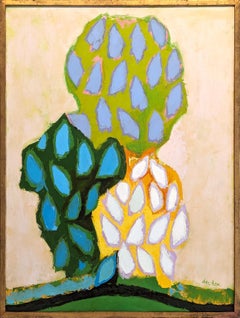 Quadro di paesaggio moderno blu, verde e verde acqua astratto con ciuffo di alberi