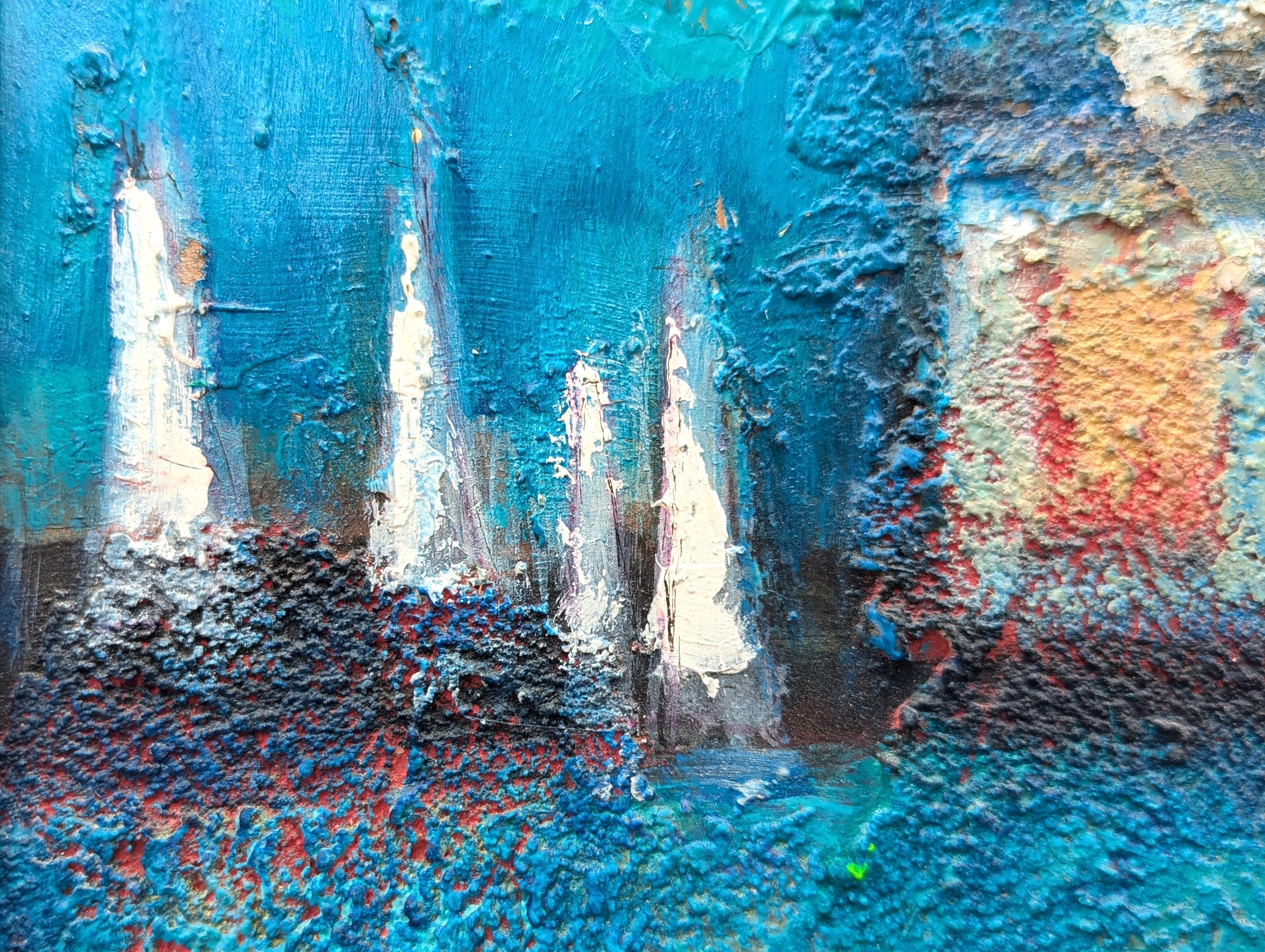 Pittura astratta di ispirazione cubista moderna di un paesaggio urbano costiero in blu in vendita 5