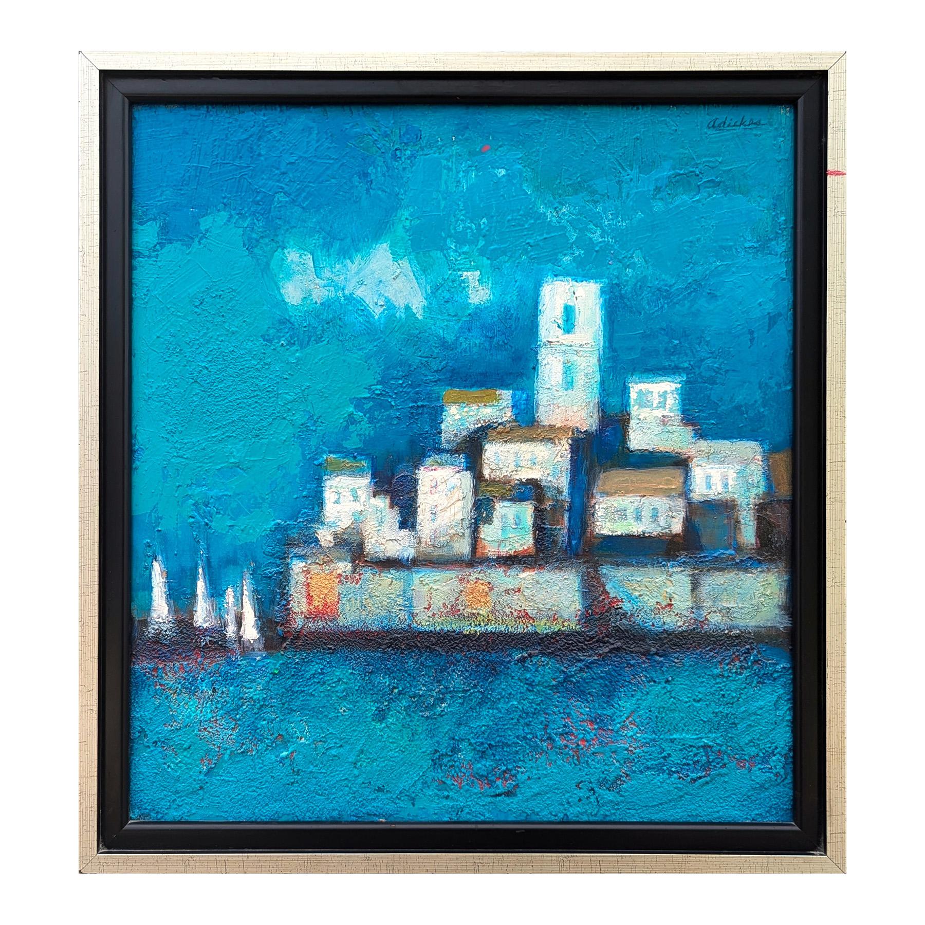 Pittura astratta di ispirazione cubista moderna di un paesaggio urbano costiero in blu - Painting di David Adickes