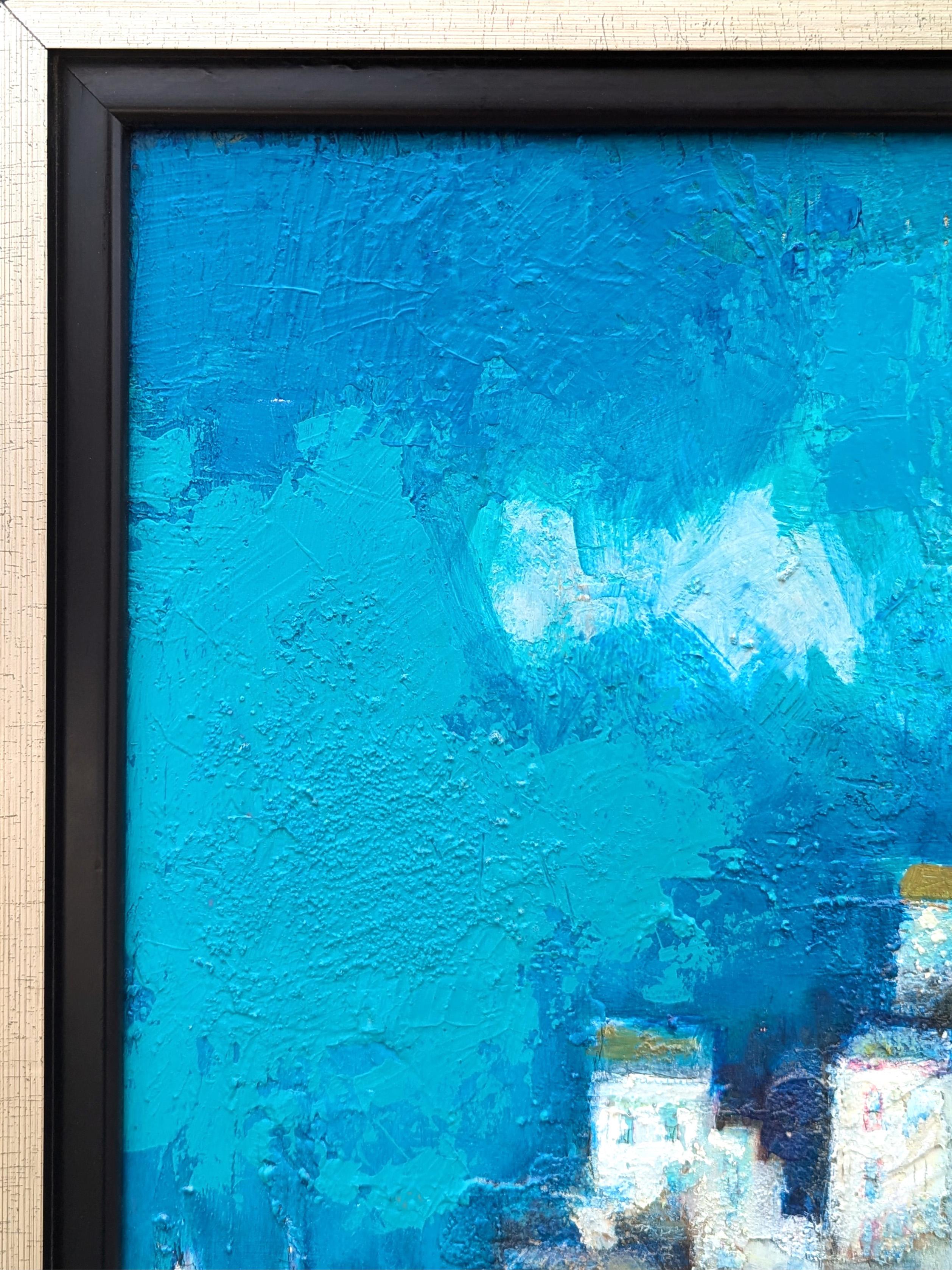Pittura astratta di ispirazione cubista moderna di un paesaggio urbano costiero in blu - Painting Moderno di David Adickes