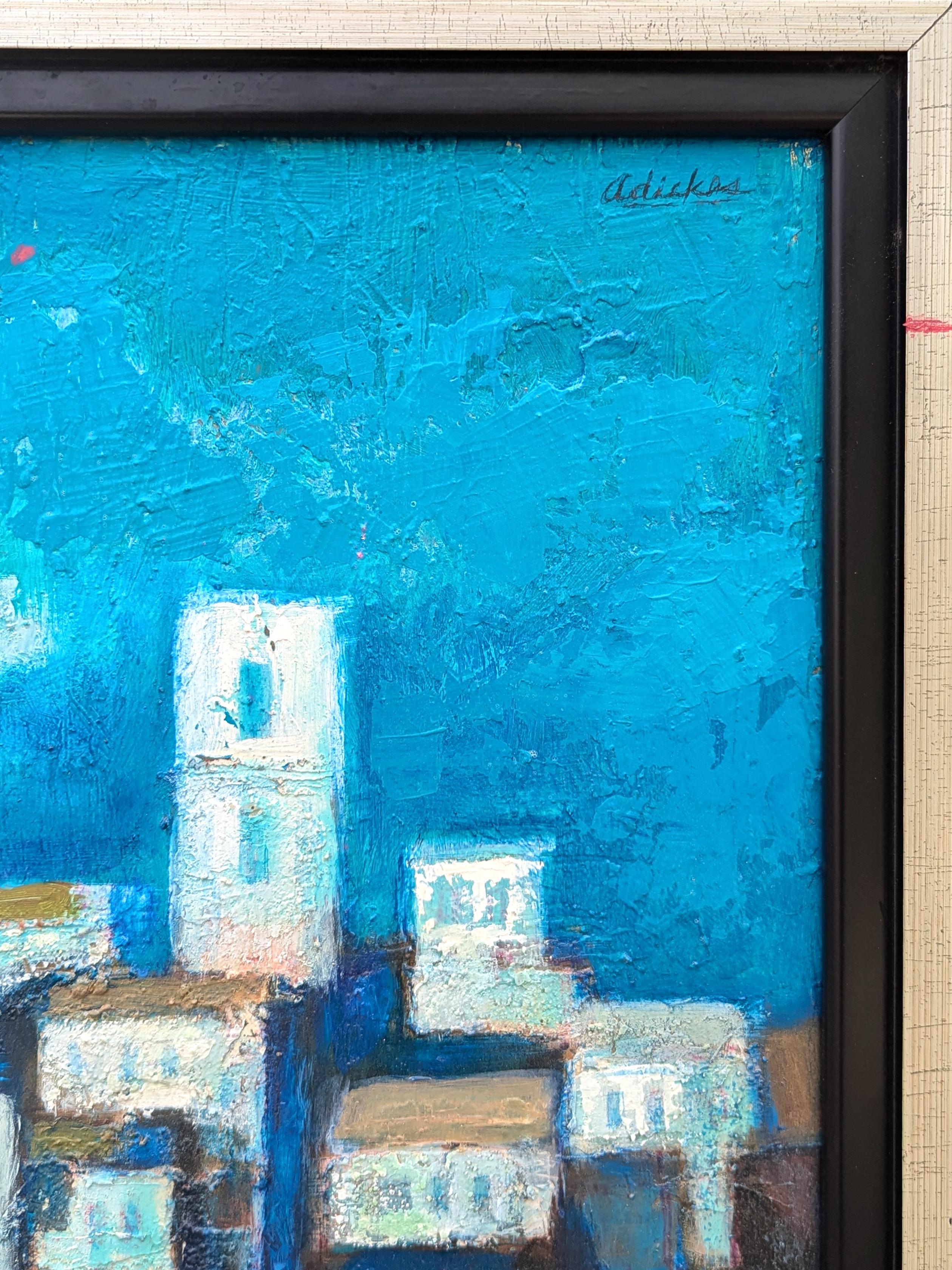 Pittura astratta di ispirazione cubista moderna di un paesaggio urbano costiero in blu - Abstract Painting Blu di David Adickes