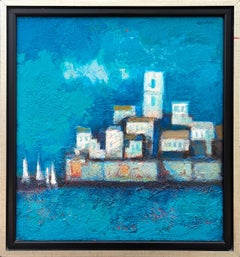 Pittura astratta di ispirazione cubista moderna di un paesaggio urbano costiero in blu