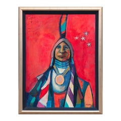 Modern Cubist Inspired Abstract Colorful Native American Figure Against Red