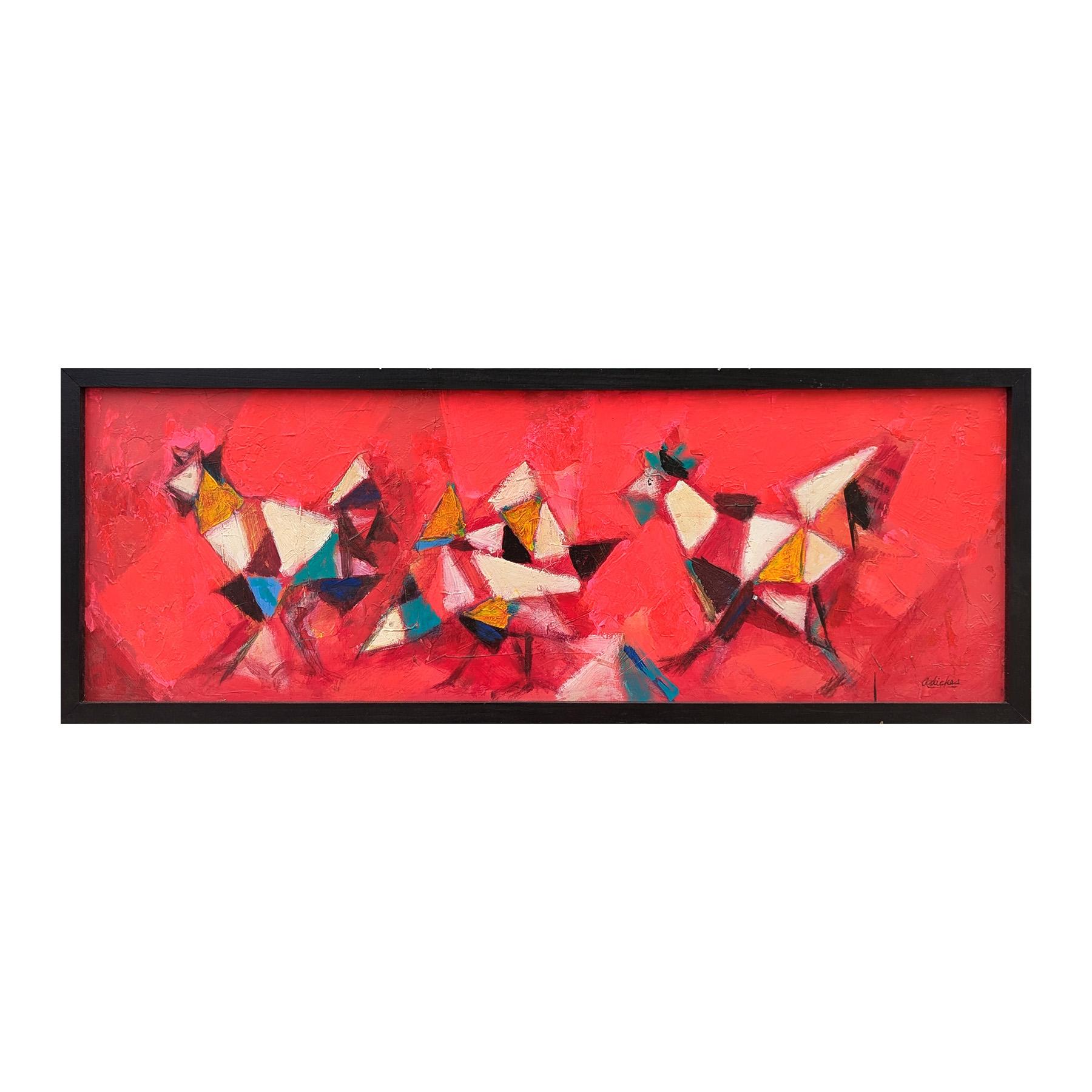 Pintura abstracta moderna de inspiración cubista de gallinas corriendo contra el rojo - Painting de David Adickes