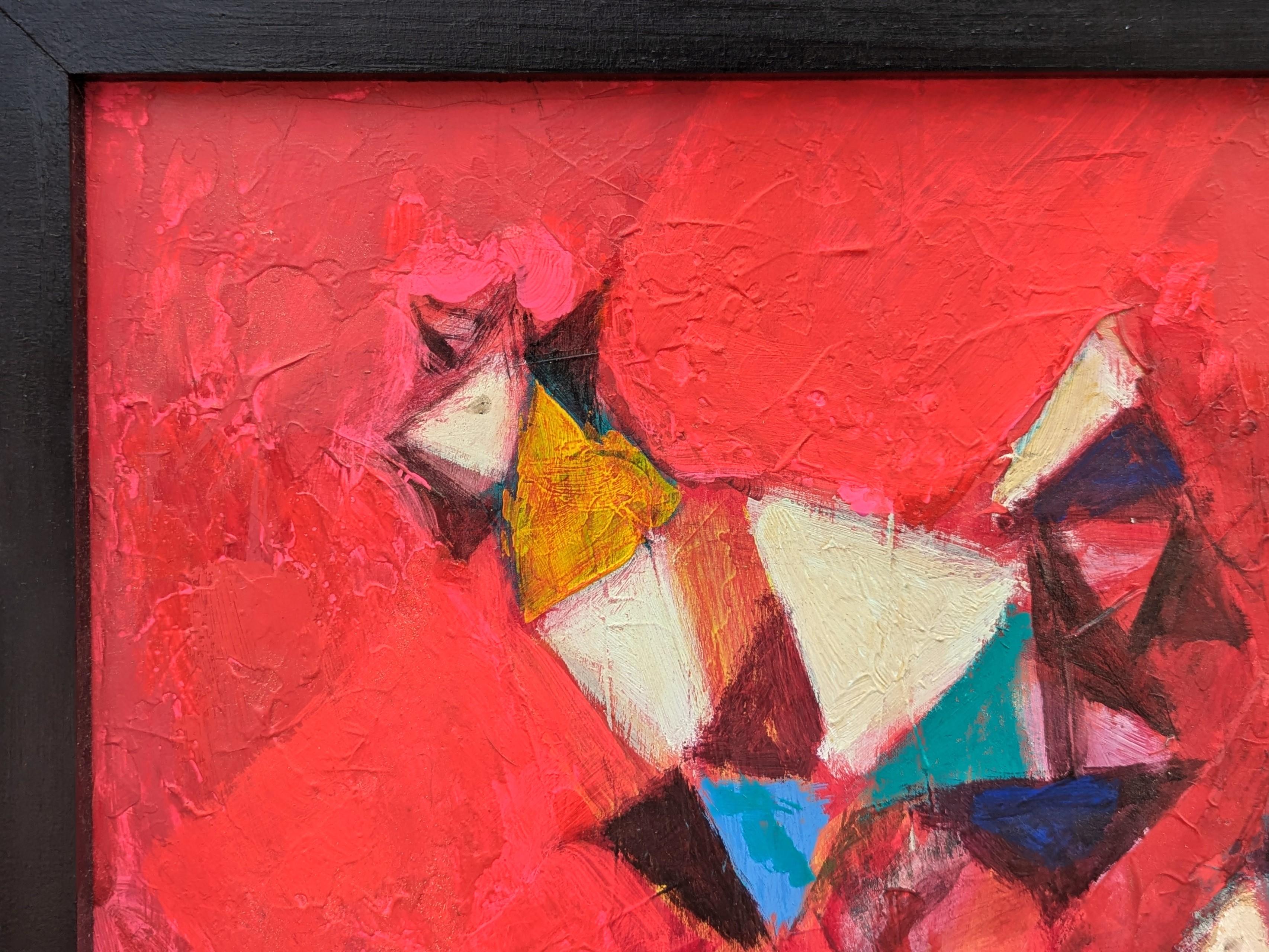 Pintura abstracta moderna de inspiración cubista de gallinas corriendo contra el rojo - Painting Moderno de David Adickes