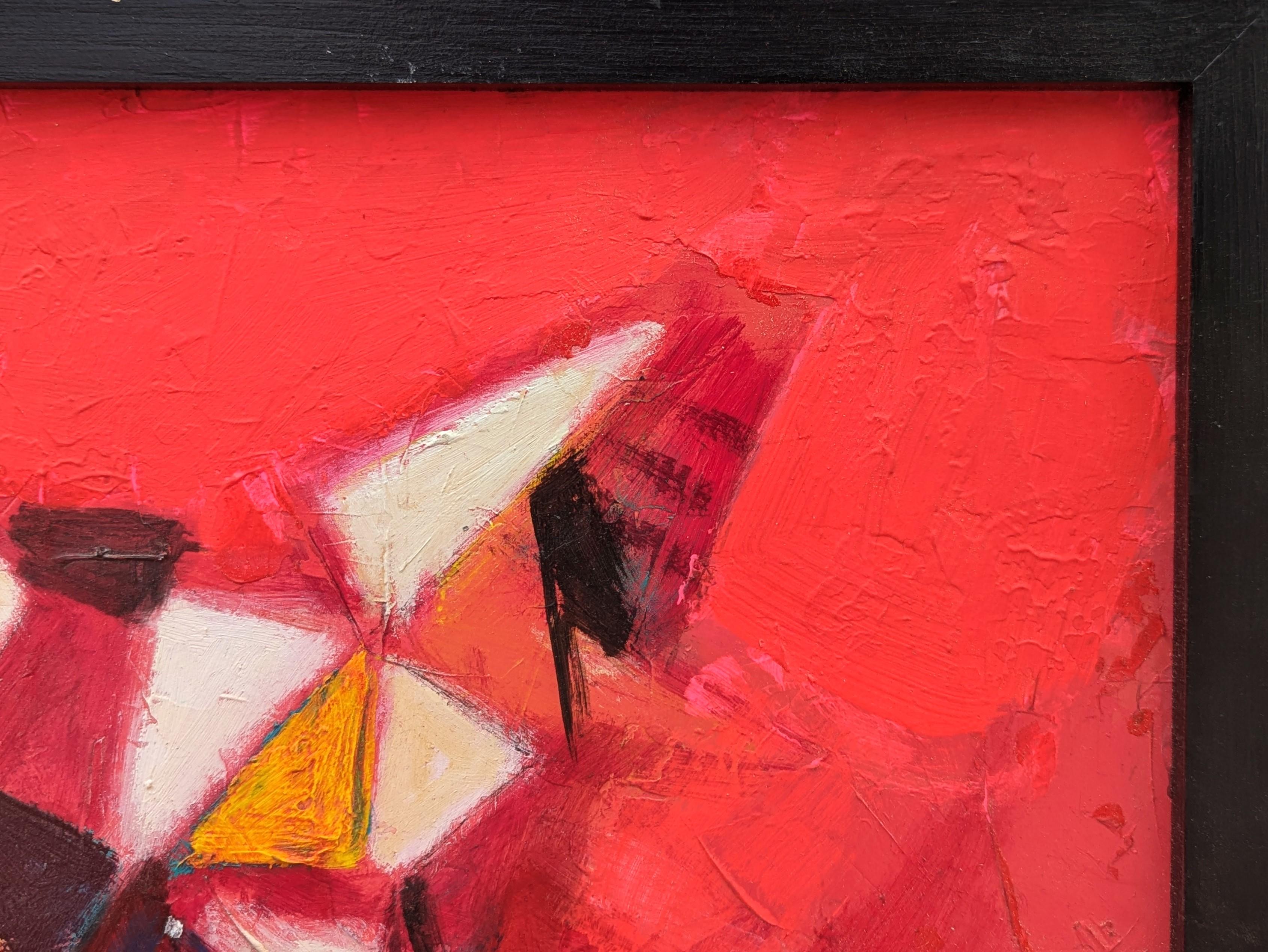 Pintura abstracta moderna de inspiración cubista de gallinas corriendo contra el rojo - Abstract Painting Rojo de David Adickes
