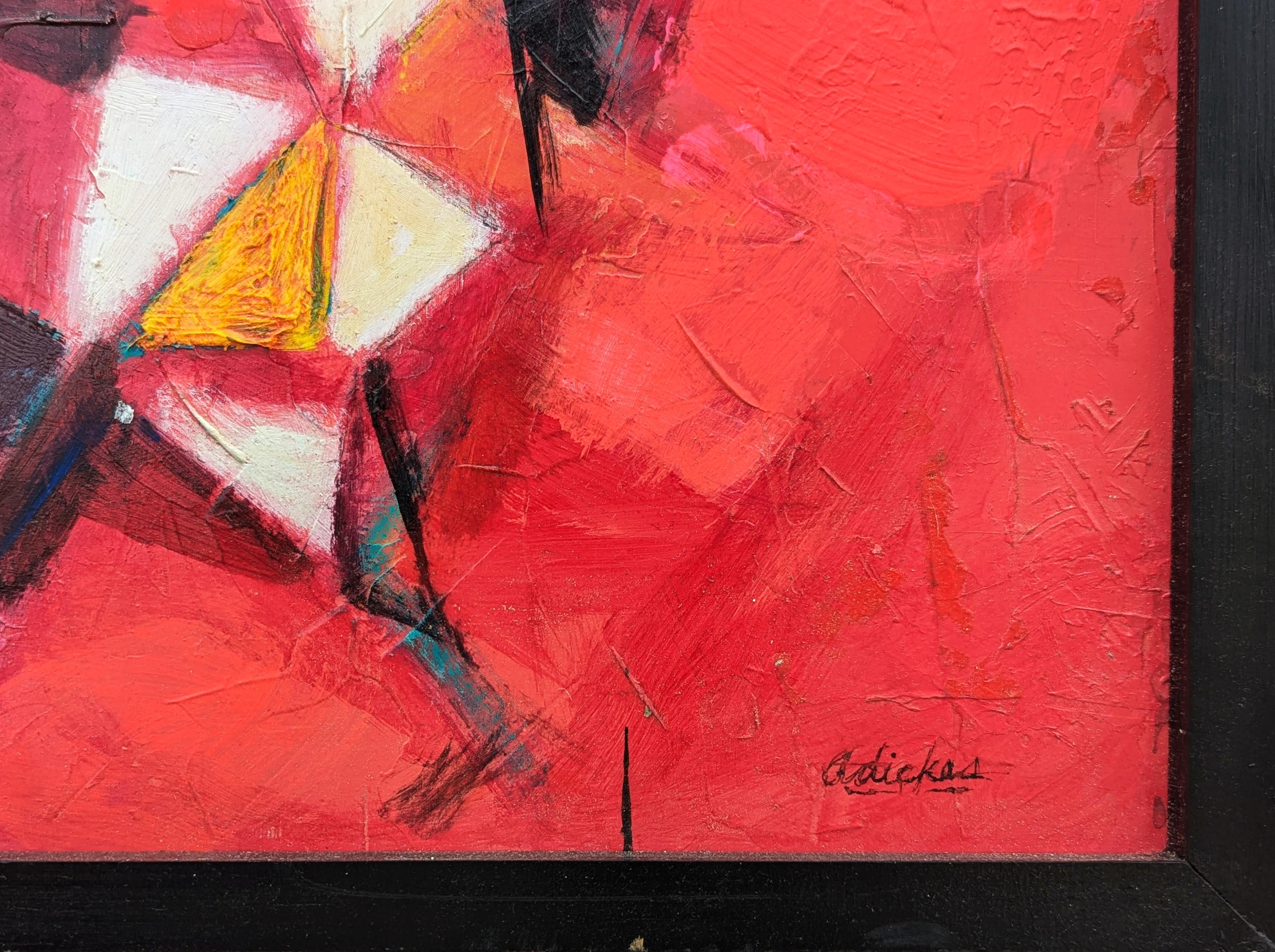 Pintura de animales de inspiración cubista moderna del emblemático artista David Adickes, afincado en Houston. La obra presenta un grupo de tres pollos abstractos corriendo sobre un fondo rojo. Firmado en la esquina inferior derecha del anverso, así