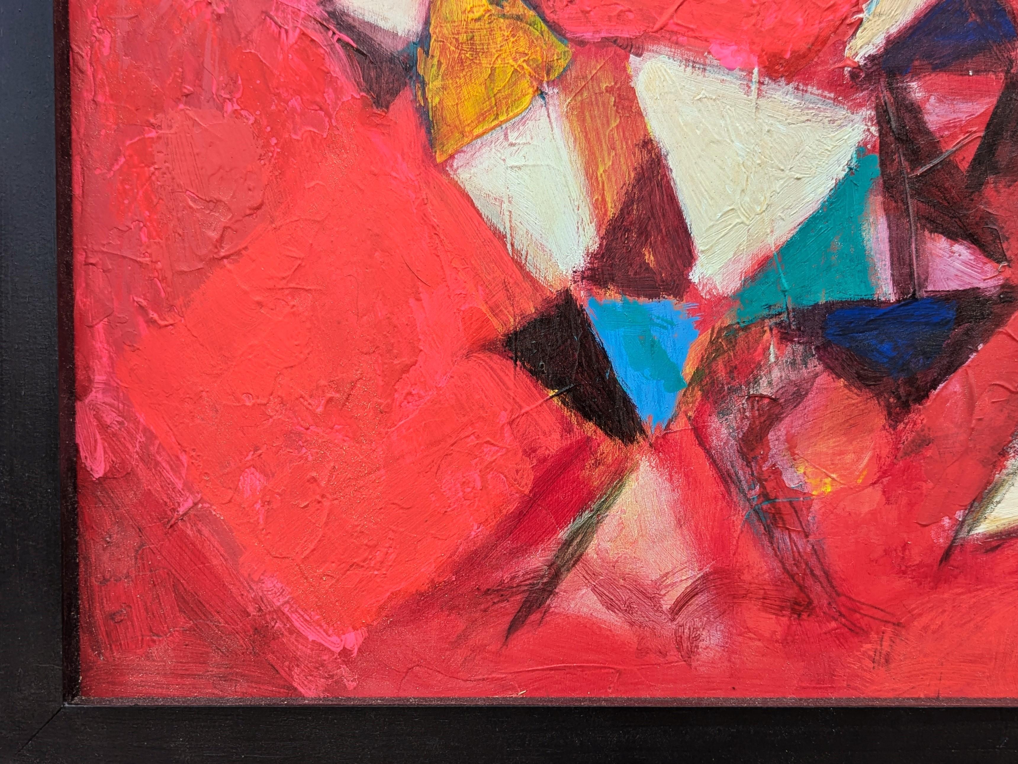 Pintura abstracta moderna de inspiración cubista de gallinas corriendo contra el rojo en venta 1