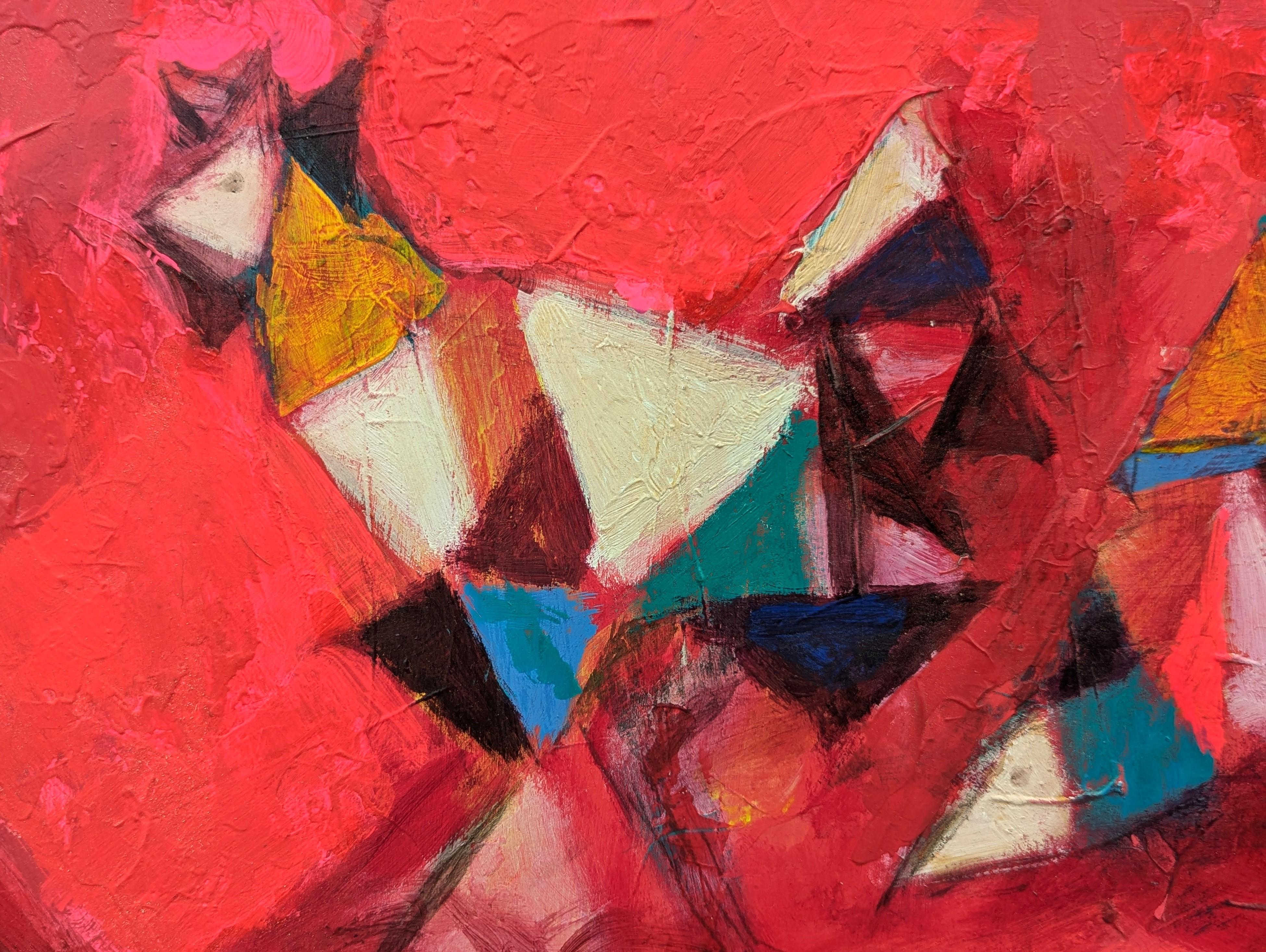 Pintura abstracta moderna de inspiración cubista de gallinas corriendo contra el rojo en venta 2