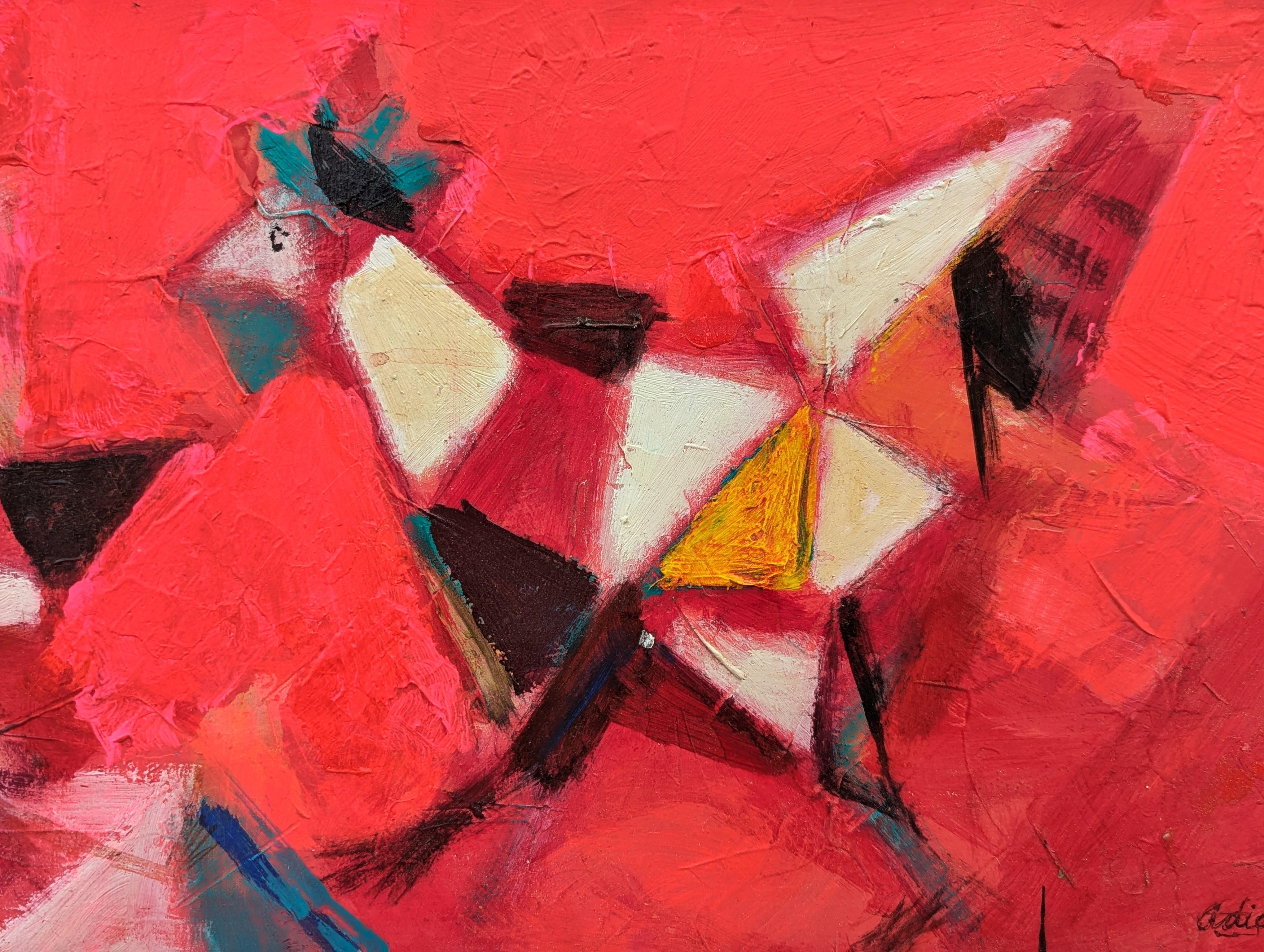 Pintura abstracta moderna de inspiración cubista de gallinas corriendo contra el rojo en venta 3