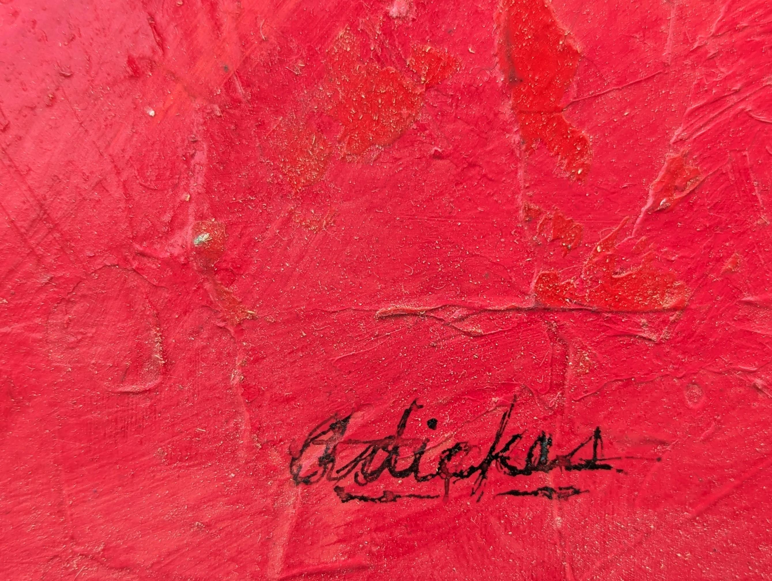 Pintura abstracta moderna de inspiración cubista de gallinas corriendo contra el rojo en venta 4