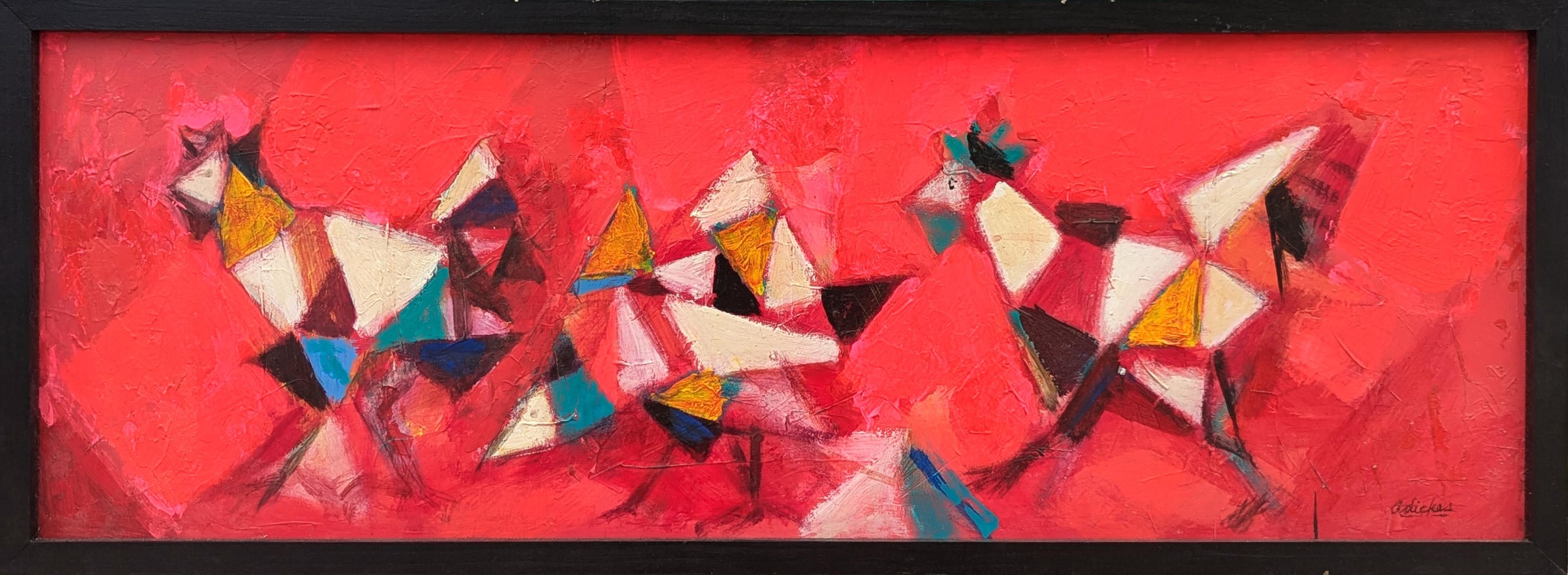 Quadro astratto di ispirazione cubista moderna con galline che corrono contro il rosso