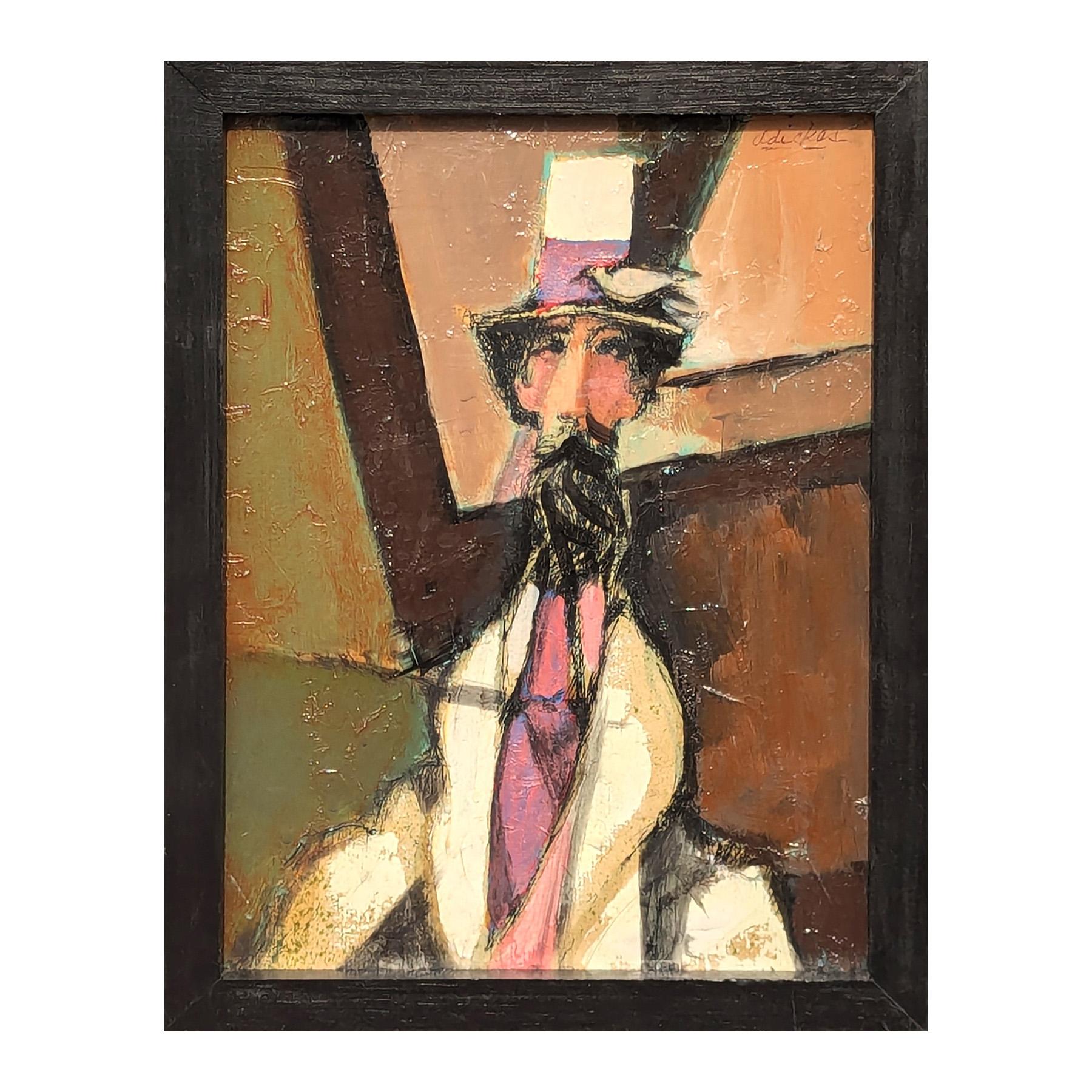 Abstracto figurativo moderno de inspiración cubista de un hombre barbudo con sombrero de copa y pájaro - Painting de David Adickes