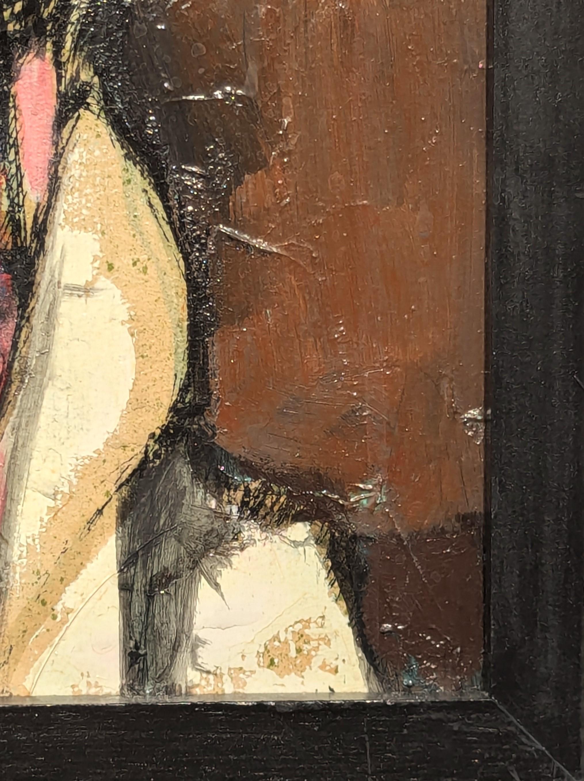Pintura figurativa de inspiración cubista moderna del icónico artista David Adickes, afincado en Houston. La obra muestra a un hombre barbudo con sombrero de copa y un pájaro posado en la cabeza sobre un fondo abstracto de tonos marrones. Firmado en