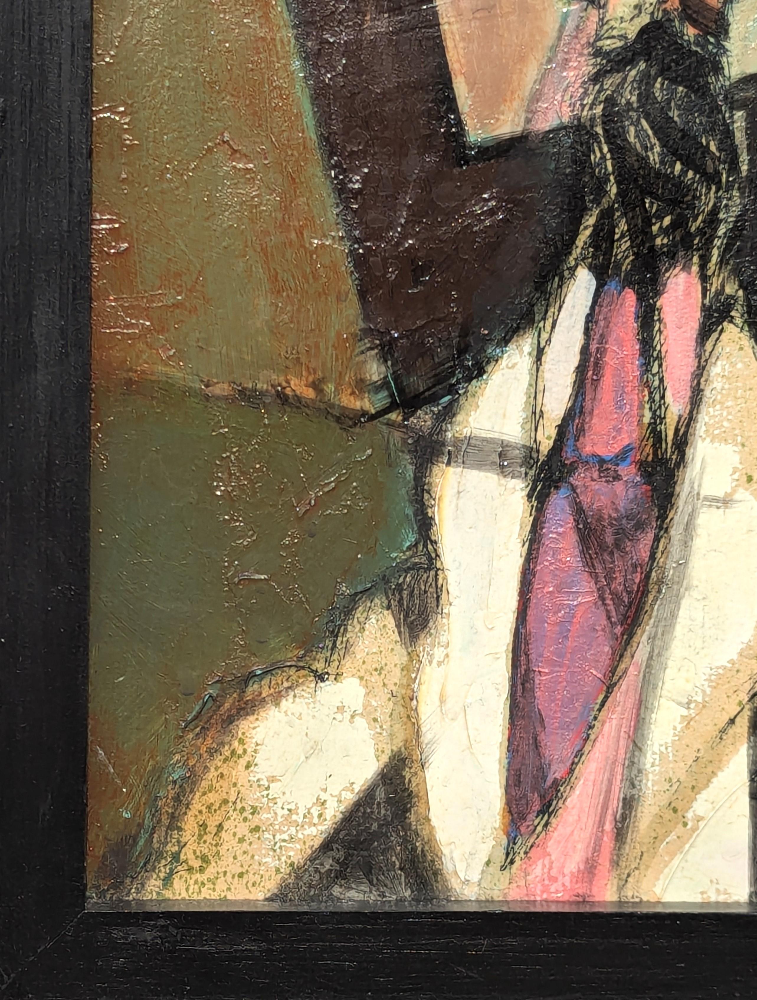 Abstracto figurativo moderno de inspiración cubista de un hombre barbudo con sombrero de copa y pájaro en venta 1