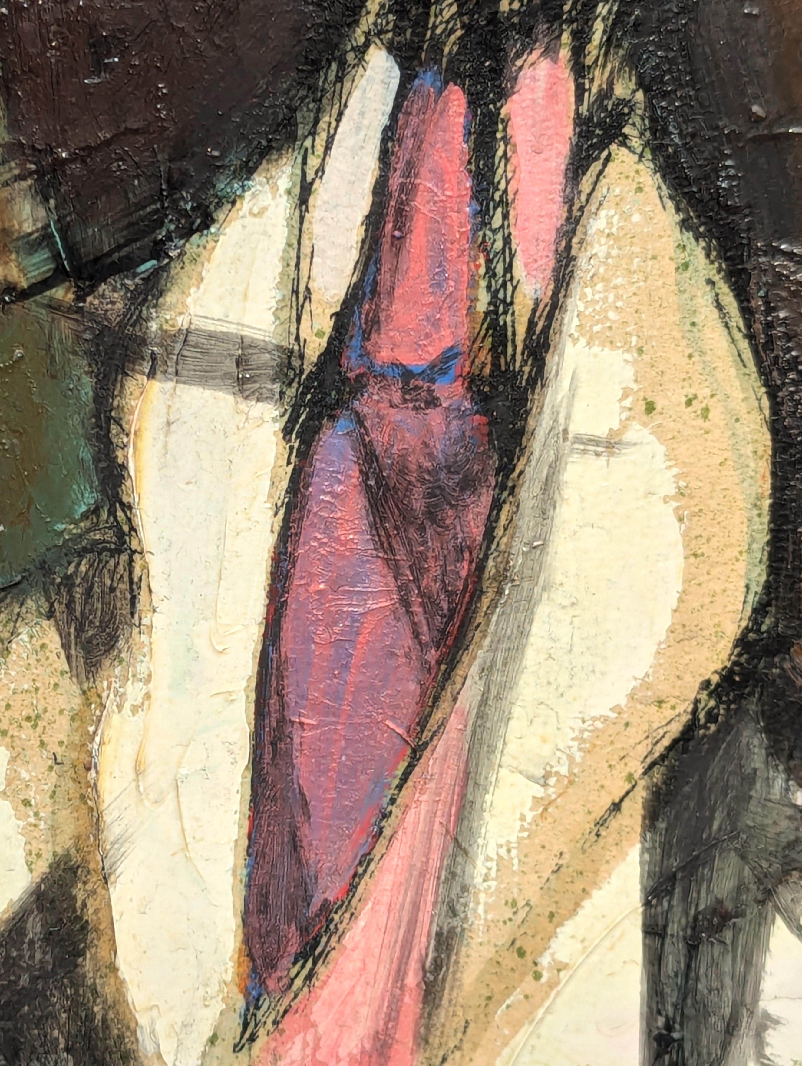Abstracto figurativo moderno de inspiración cubista de un hombre barbudo con sombrero de copa y pájaro en venta 3