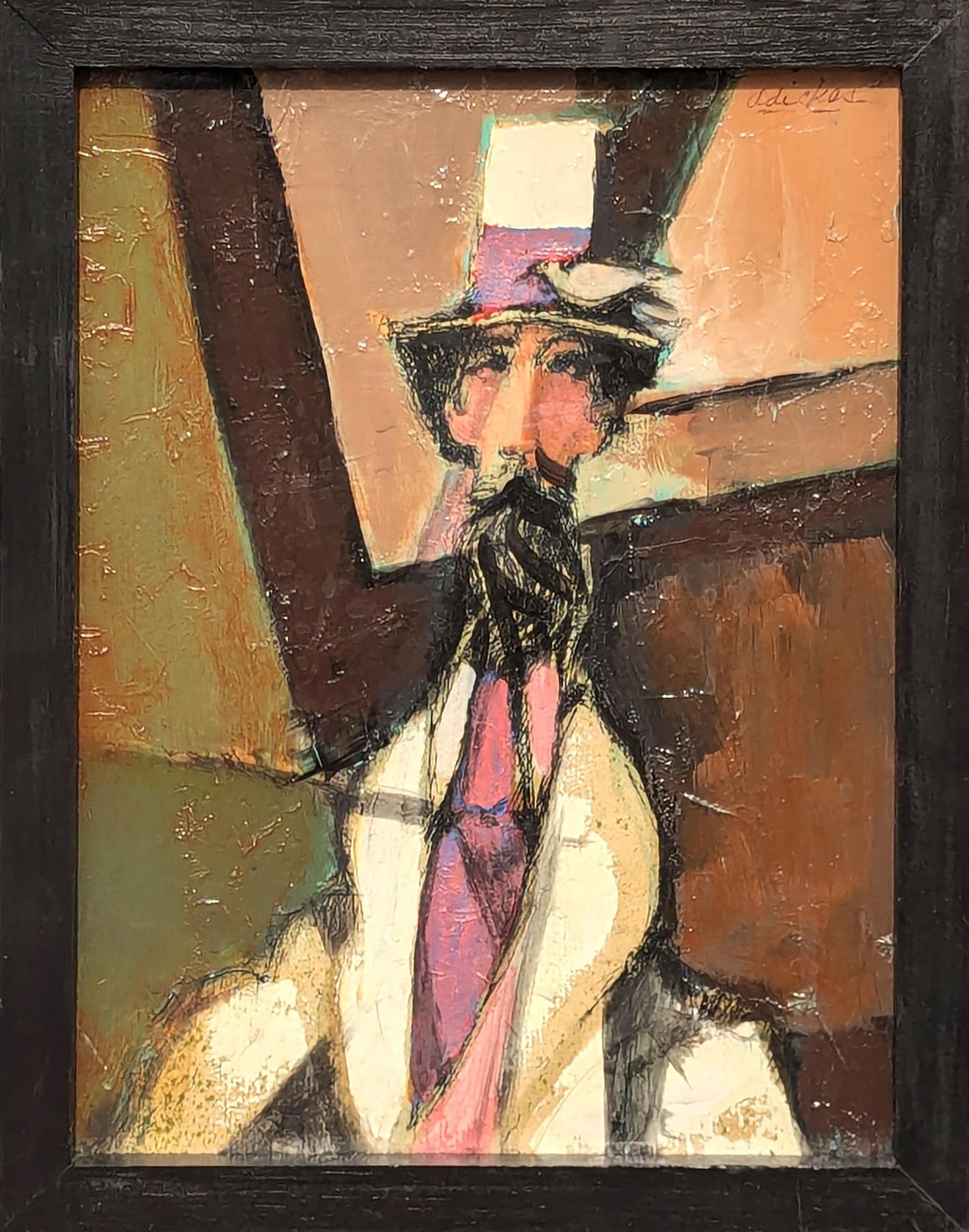 Figurative Painting de David Adickes - Abstracto figurativo moderno de inspiración cubista de un hombre barbudo con sombrero de copa y pájaro