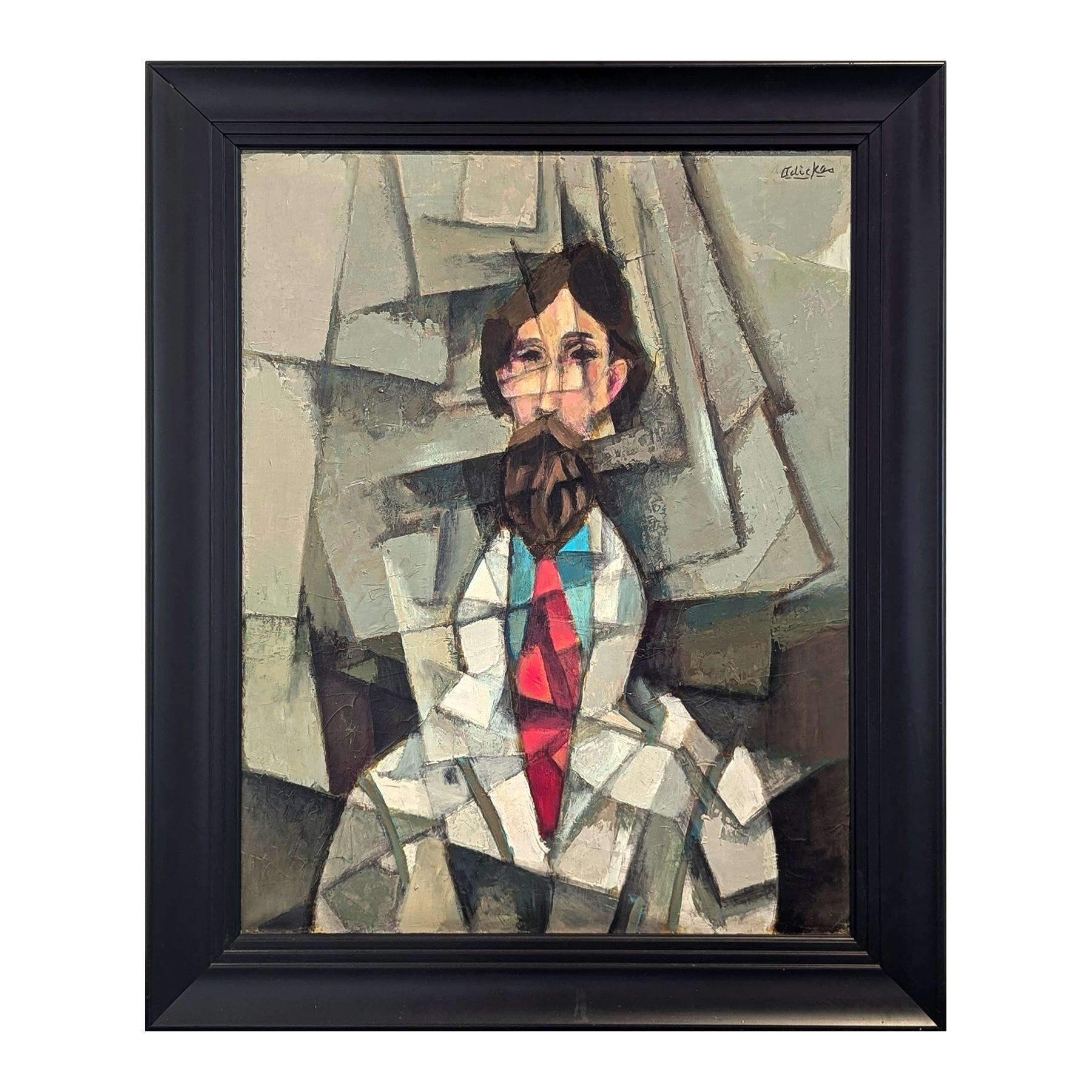 Modernity Cubist Inspired Male Portrait Painting of a Bearded Man with a Red Tie (Portrait d'homme barbu avec une cravate rouge) - Noir Figurative Painting par David Adickes