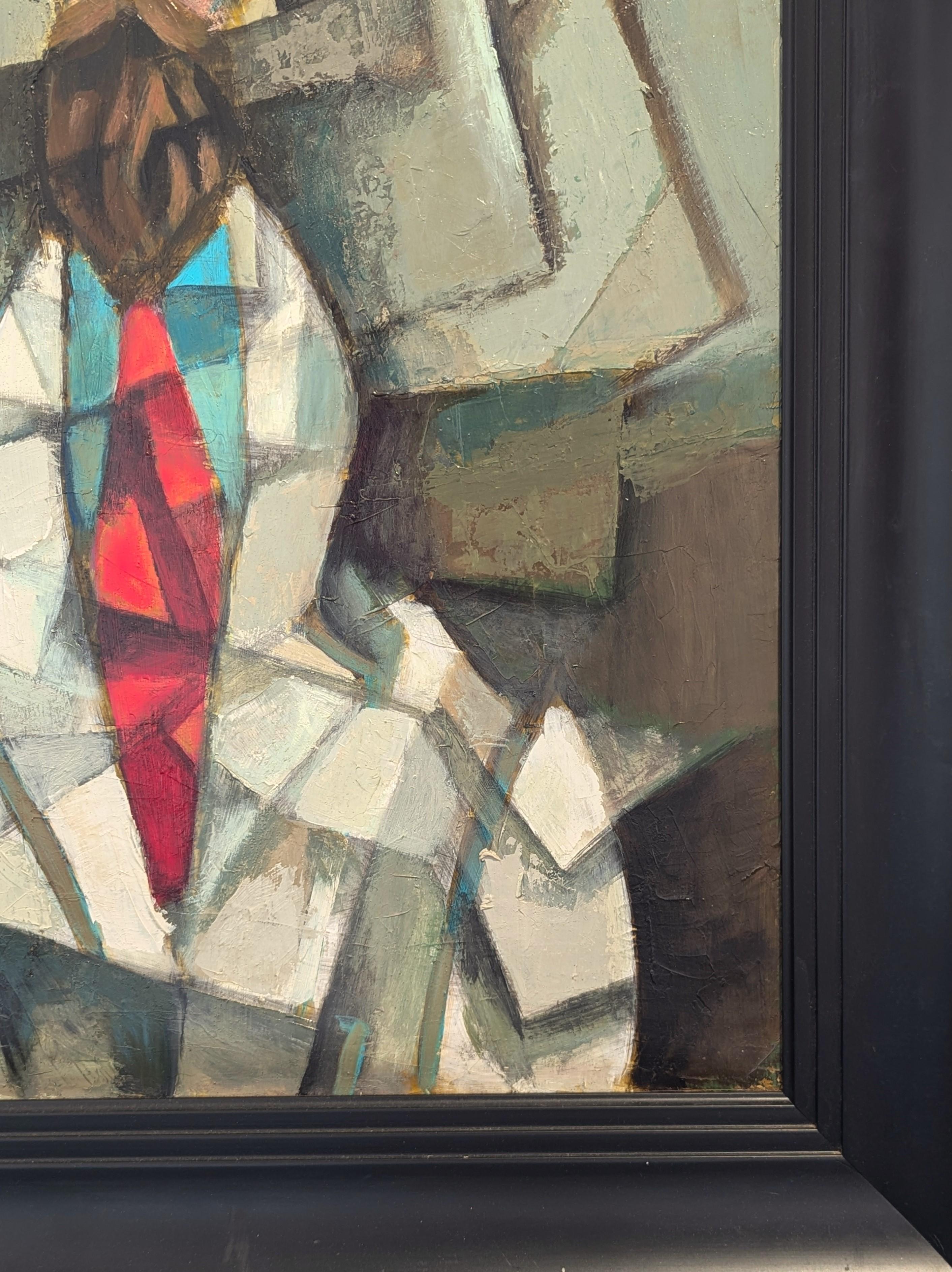Modernity Cubist Inspired Male Portrait Painting of a Bearded Man with a Red Tie (Portrait d'homme barbu avec une cravate rouge) en vente 2