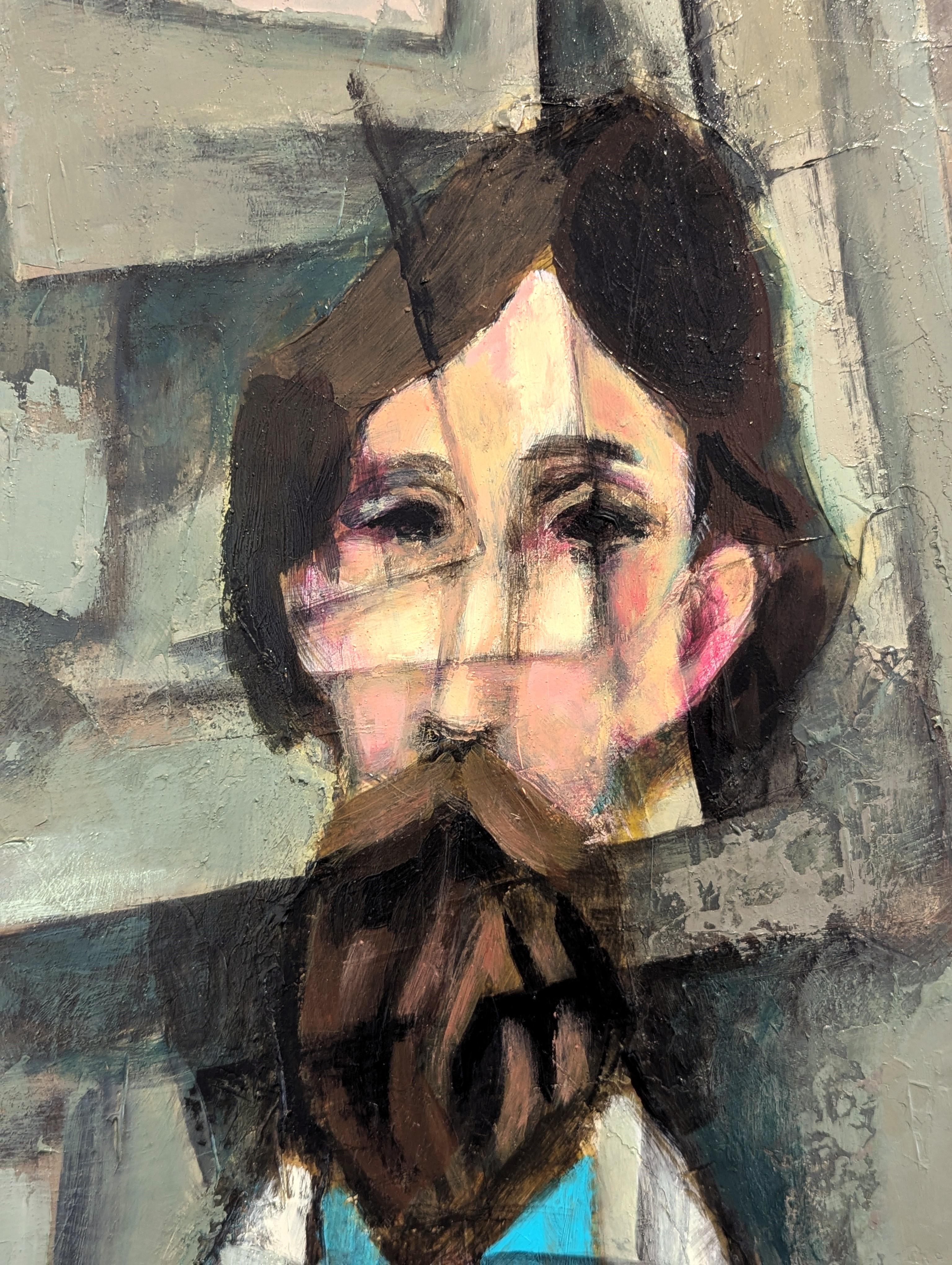 Modernity Cubist Inspired Male Portrait Painting of a Bearded Man with a Red Tie (Portrait d'homme barbu avec une cravate rouge) en vente 5