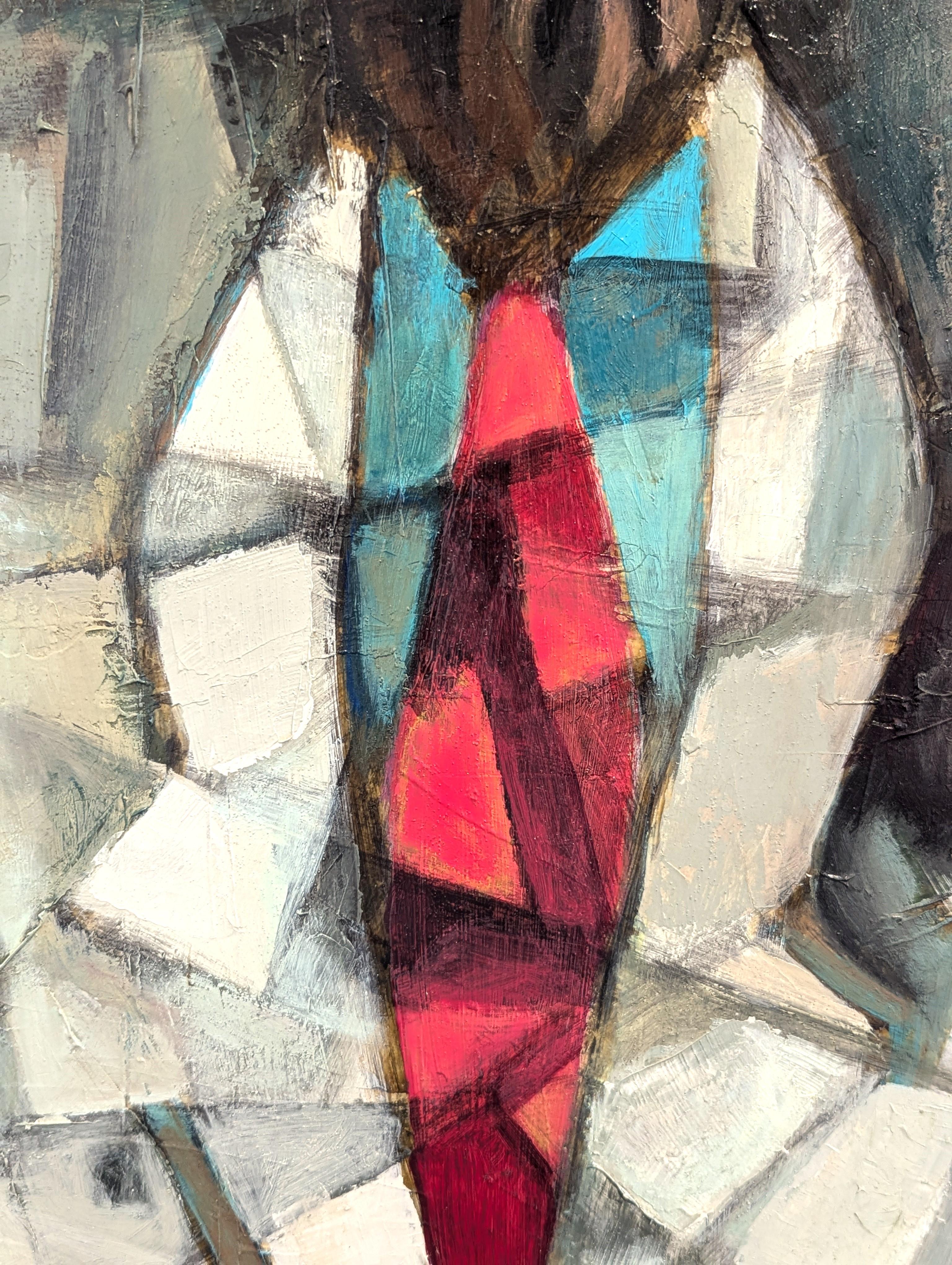 Modernity Cubist Inspired Male Portrait Painting of a Bearded Man with a Red Tie (Portrait d'homme barbu avec une cravate rouge) en vente 6