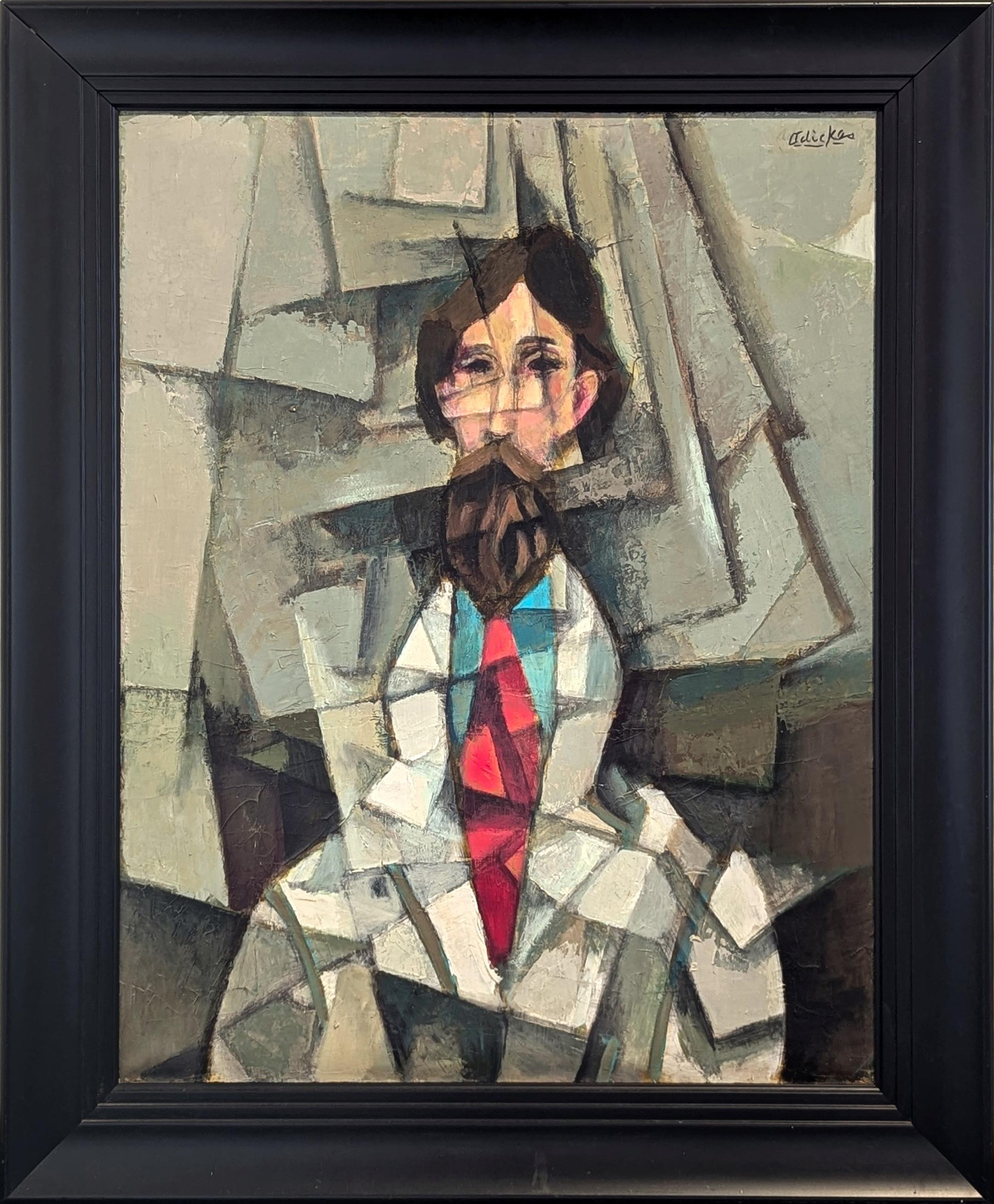 Figurative Painting David Adickes - Modernity Cubist Inspired Male Portrait Painting of a Bearded Man with a Red Tie (Portrait d'homme barbu avec une cravate rouge)