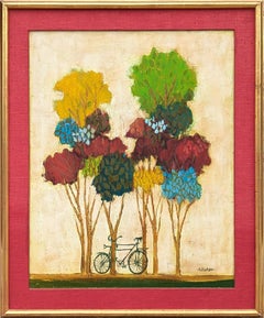 Vintage Modern Red, Green, Blue, & Yellow Abstract Landscape of a Bicycle with Trees